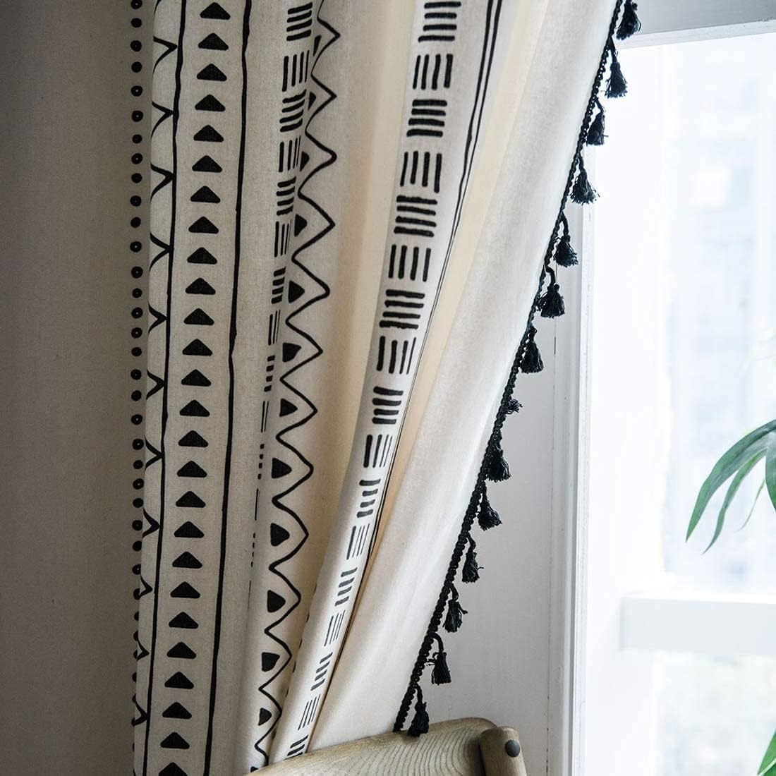 Cortinas negras y blancas de 63 pulgadas de largo, 2 paneles de cortinas bohemias de granja para sala de estar, cortinas geométricas de algodón y