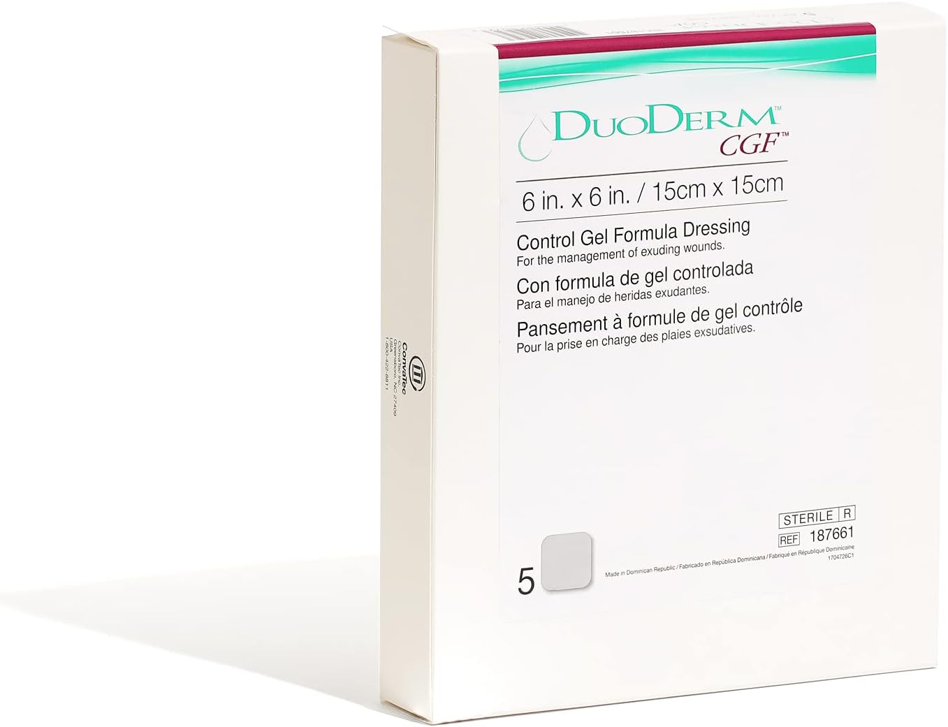 ConvaTec DuoDERM CGF – Apósito estéril hidrocoloide de 6 x 6 pulgadas para uso en heridas parciales y de espesor completo, cuadrado, beige, 187661,