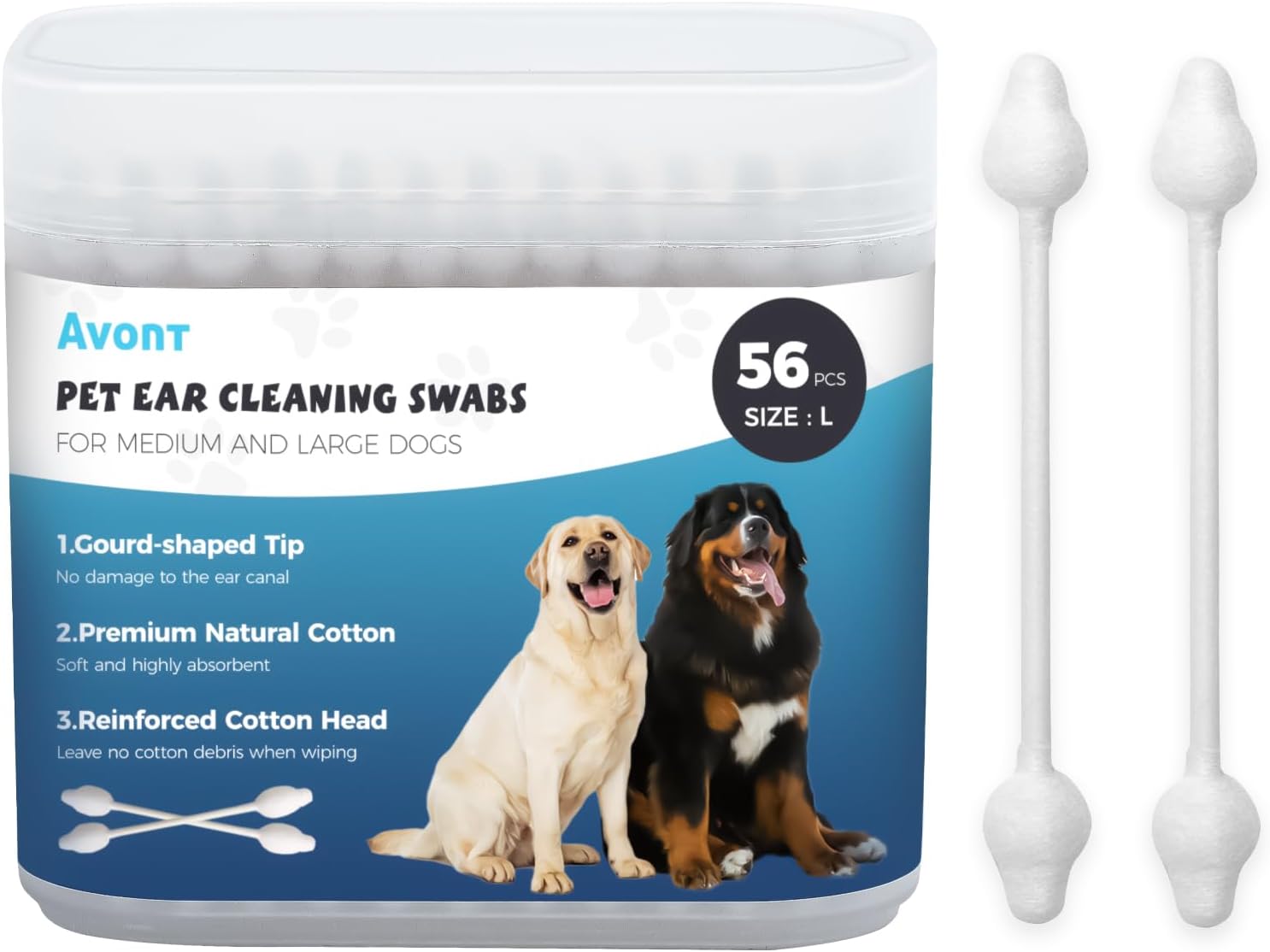 Avont Hisopos de algodón para limpieza de orejas de perro, Qtips para mascotas, cuidado de oídos de doble cara grandes Q-Tips para perros y gatos, L