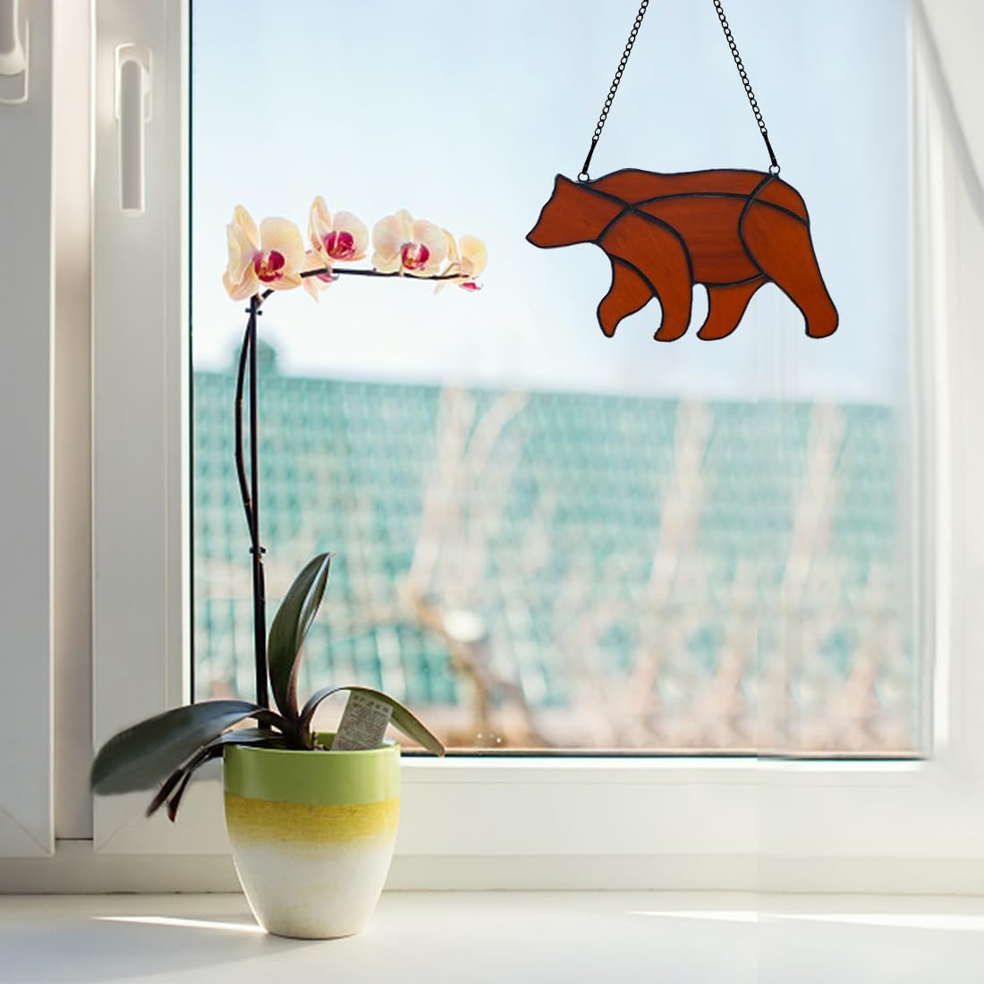BOXCASA Decoración de oso para colgar ventanas de vitral, oso marrón para decoración de pared de ventana, arte animal, granja, sala de estar,