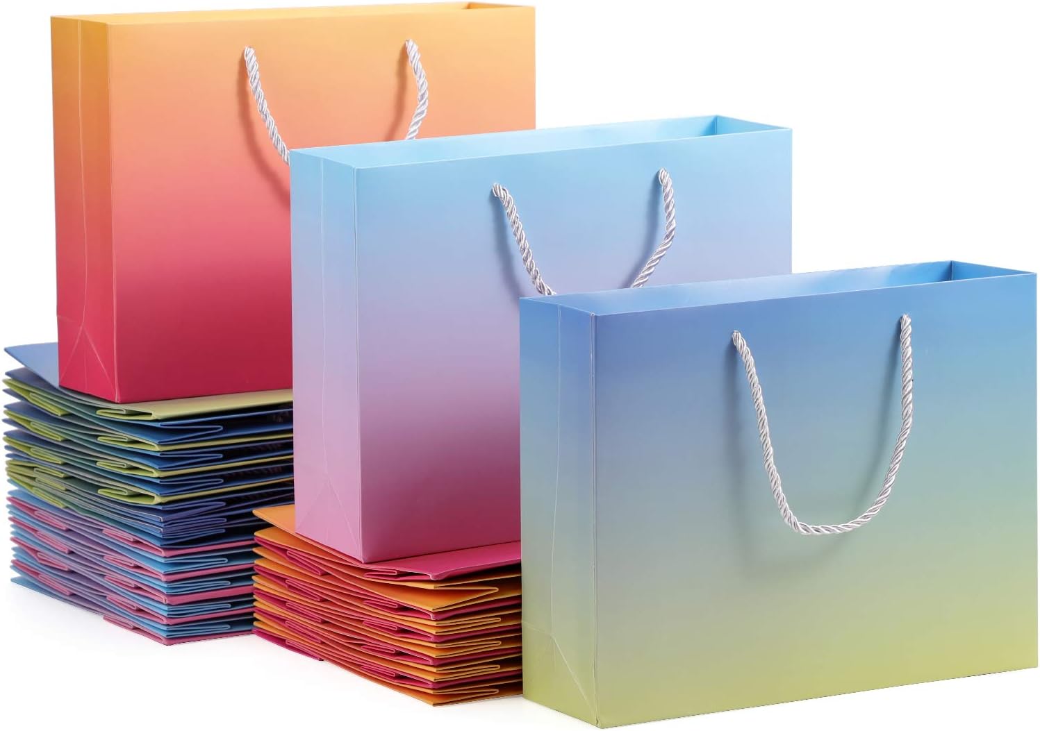 EUSOAR Bolsas de regalo de papel, 30 unidades de 3 colores mezclados de 10.6 x 3.1 x 8.3 pulgadas, bolsas de compras de papel kraft con asas, bolsas