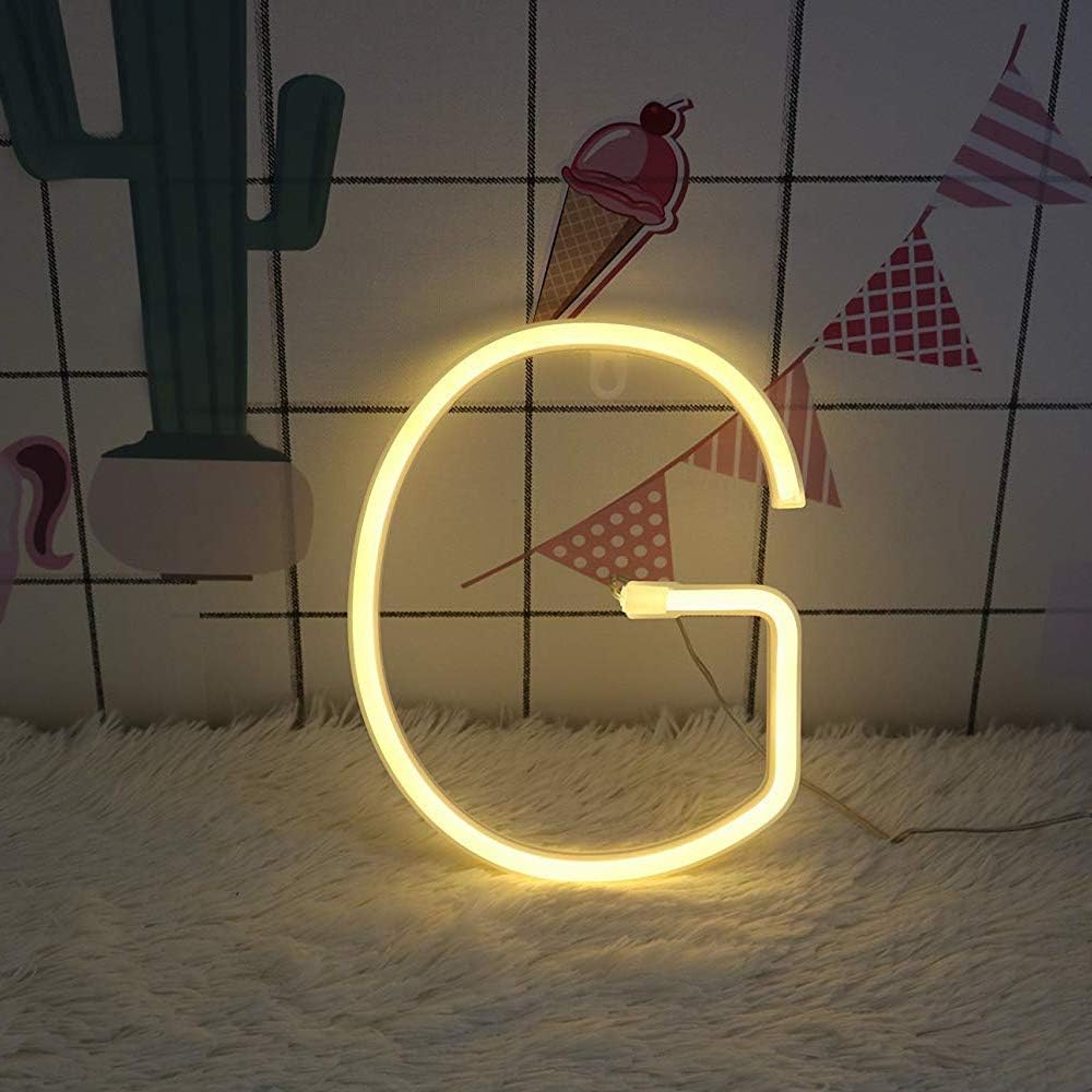 Letrero de neón, letras de neón, letras del alfabeto de neón, luces LED, letras de marquesina, luces con batería, USB, blanco cálido (G)