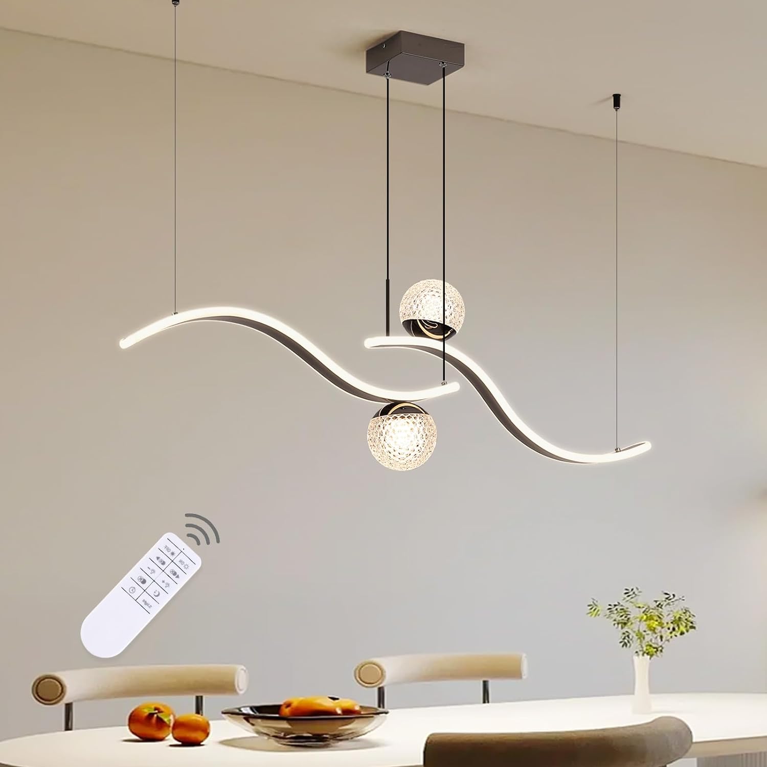 Lámpara colgante moderna con forma de globo, lámpara colgante LED negra regulable, lámpara colgante de isla de cocina ondulada, luces colgantes para