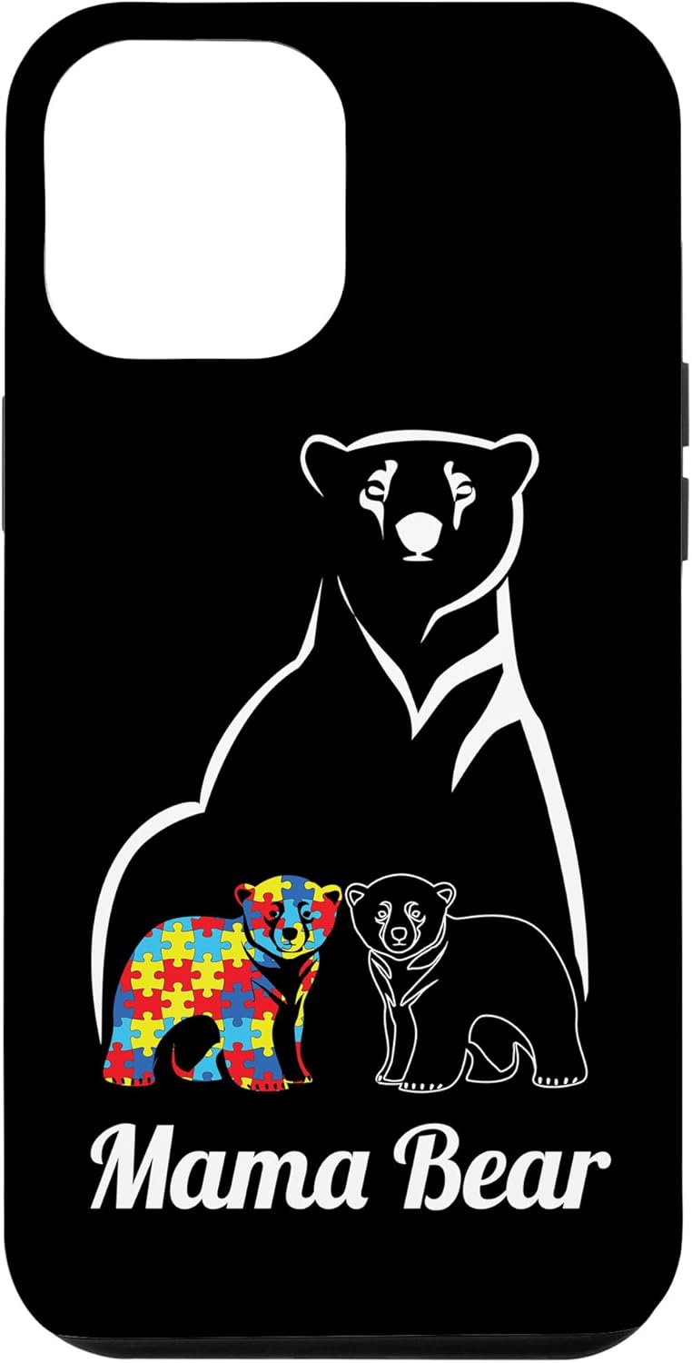 Funda para iPhone 14 Pro Max para concientización sobre el autismo, mamá oso, mamá y niño