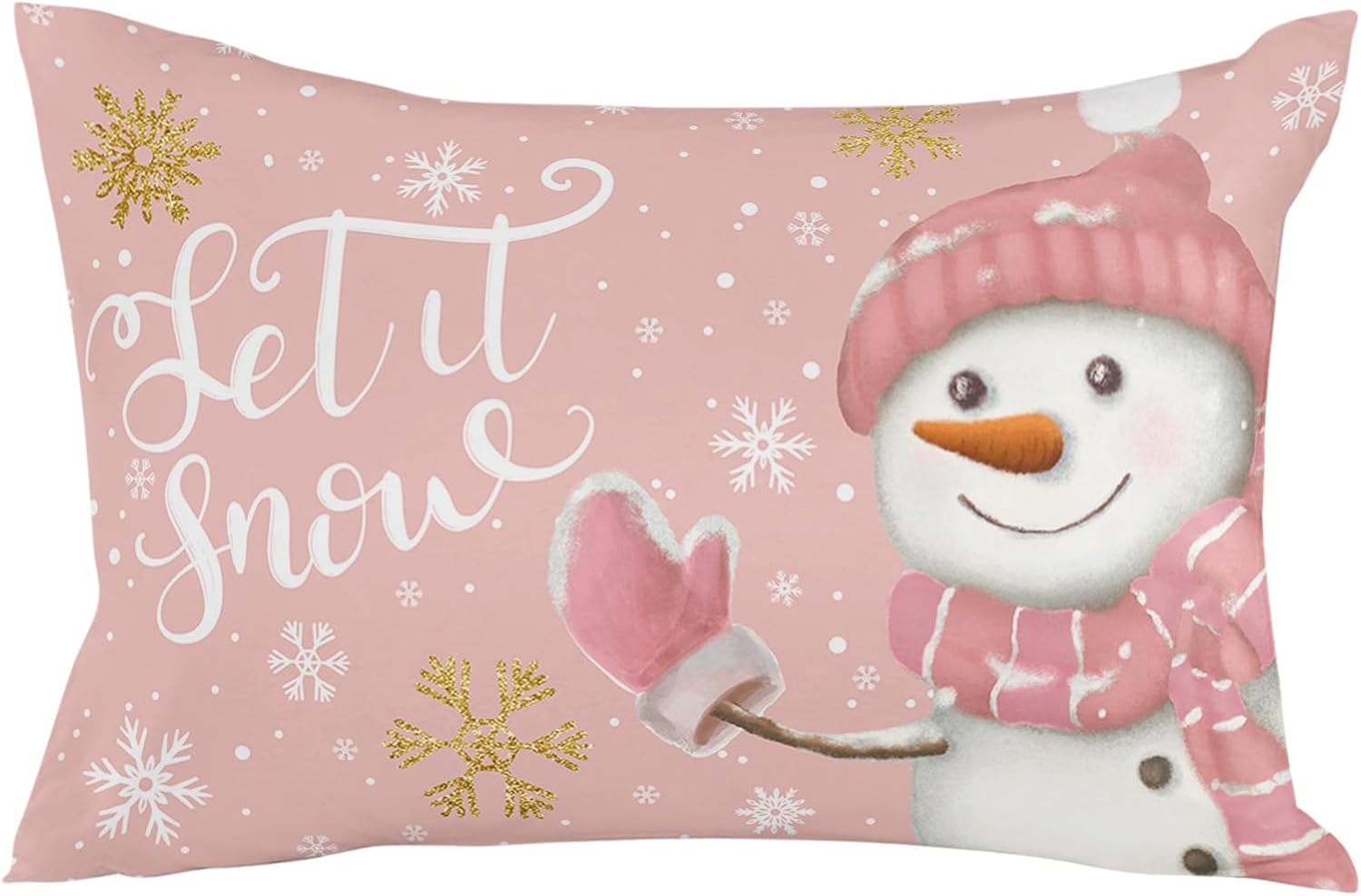 Fundas de almohada de Navidad de muñeco de nieve rosa de 16 x 24 pulgadas, fundas de almohada rectangulares de invierno con copos de nieve de