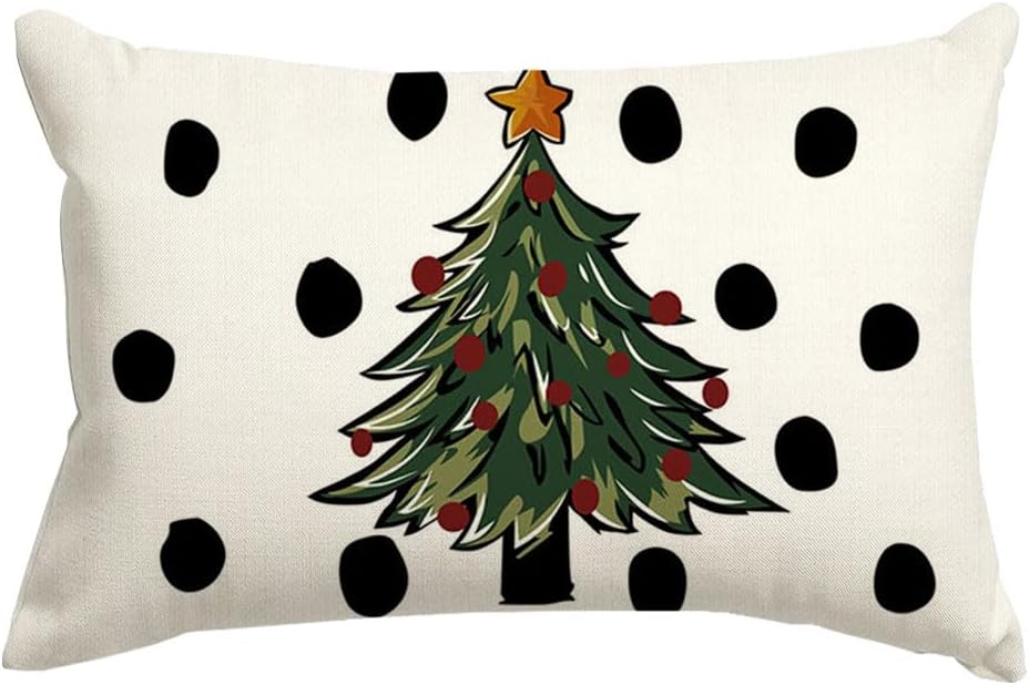 RABUSOFA Fundas de almohada de Navidad de invierno de 12 x 20 pulgadas, decoración de árbol de Navidad de lunares, almohadas lumbares de acuarela,