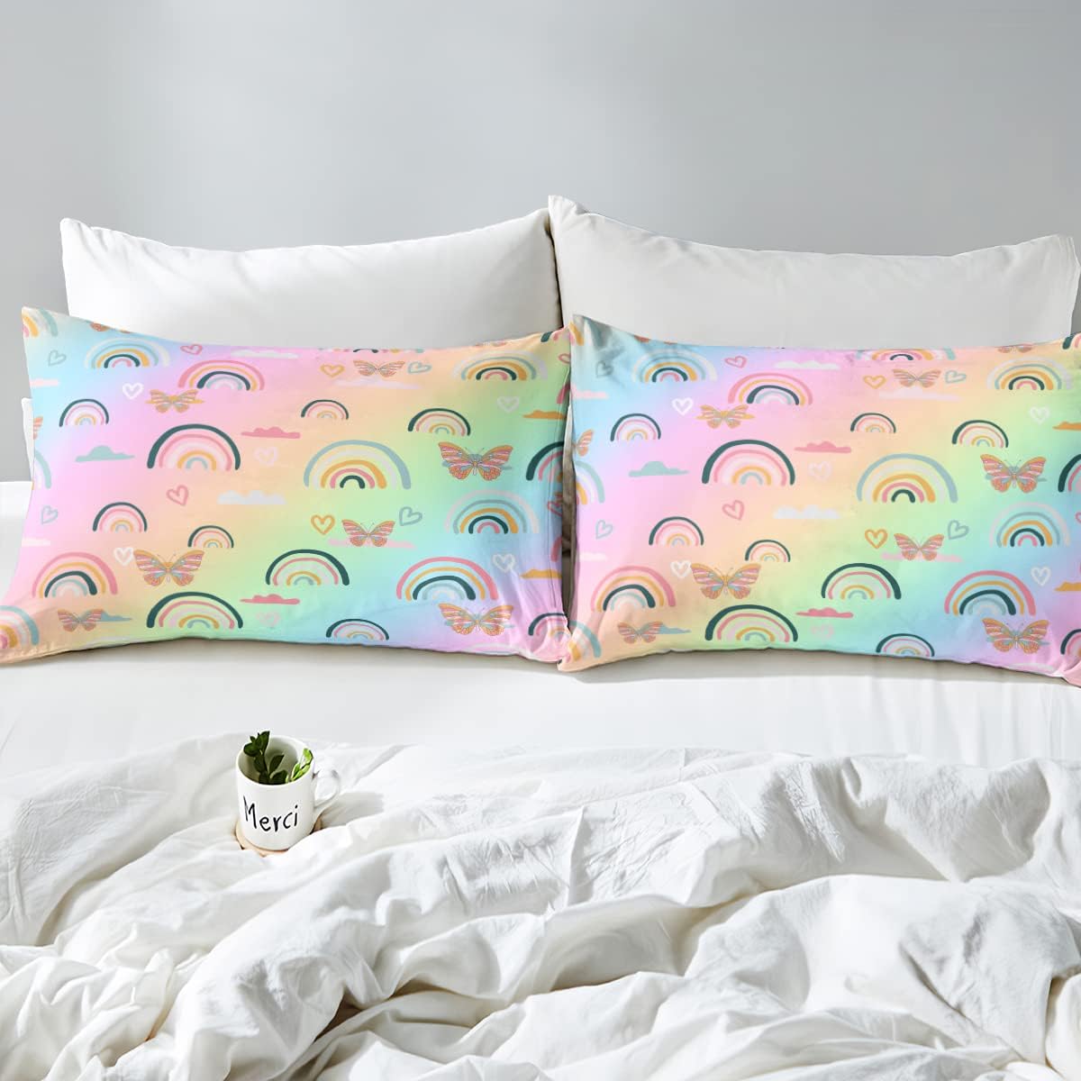 Juego de ropa de cama de arcoíris para niños y niñas, edredón de mariposas de dibujos animados, decoración de dormitorio, edredón acolchado de
