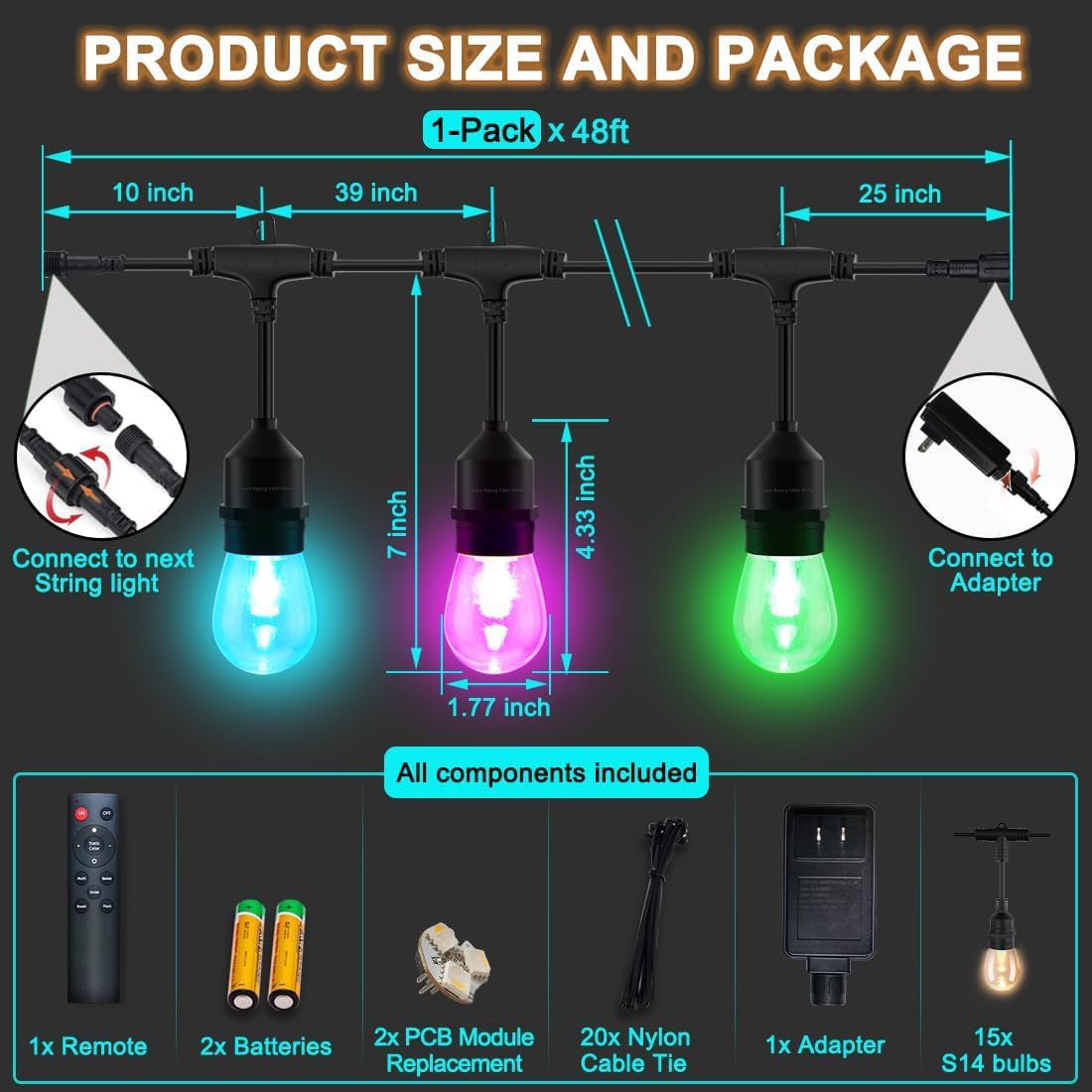 Cadena de luces inteligentes para exteriores de 48 pies, cambio de color con flash de música, bombilla LED S14 regulable WiFi inastillable,