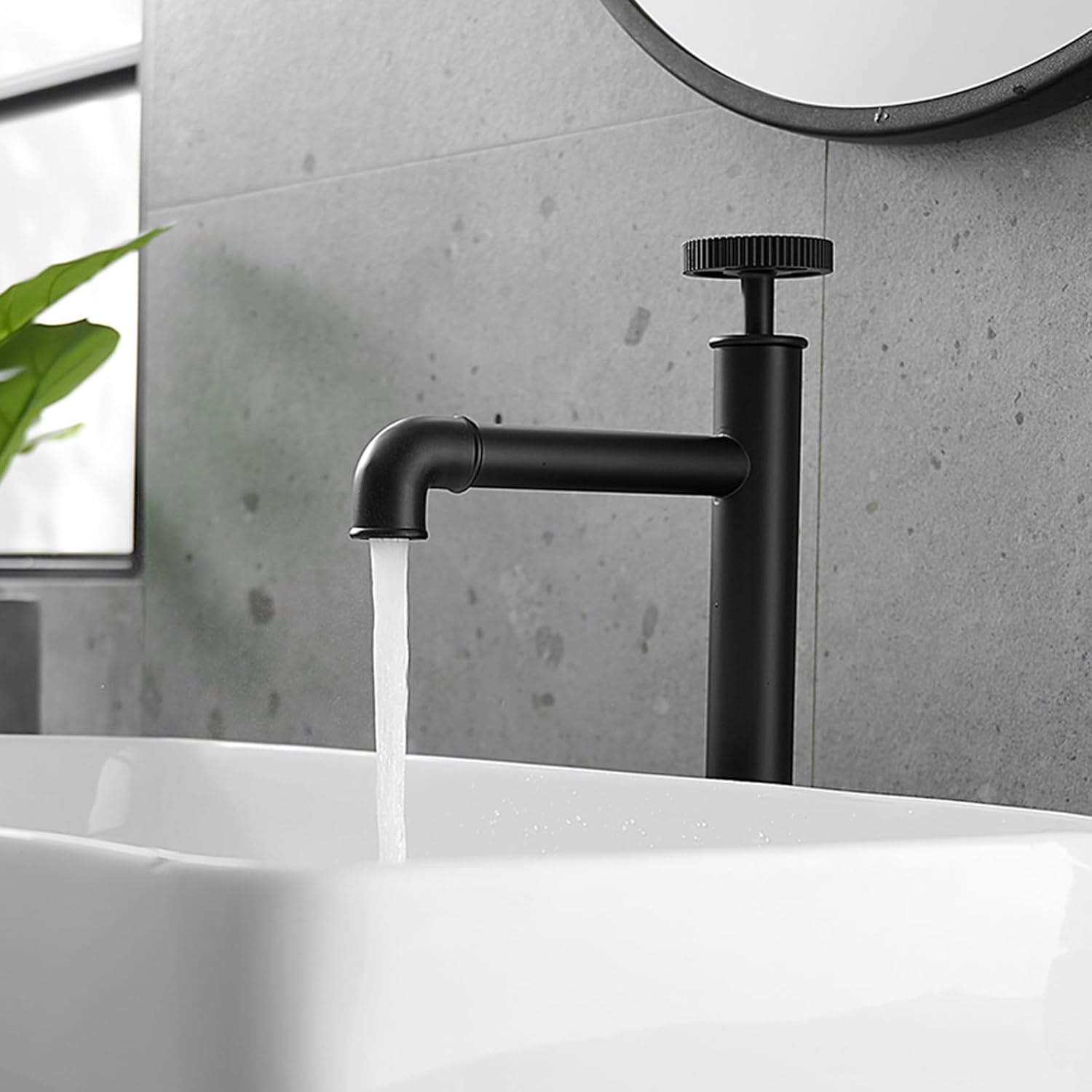 Grifo de lavabo de recipiente negro, grifo alto de baño, grifo de lavabo de estilo industrial de un solo agujero, grifo de fregadero con drenaje