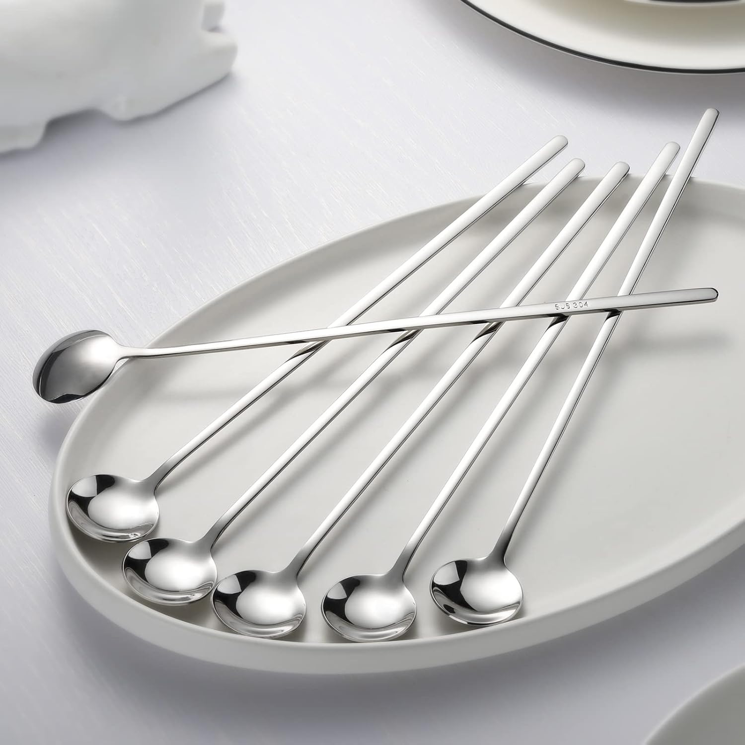 Juego de 6 cucharas de mango largo de acero inoxidable para agitador de café, cucharas para mezclar de cóctel (acero inoxidable)