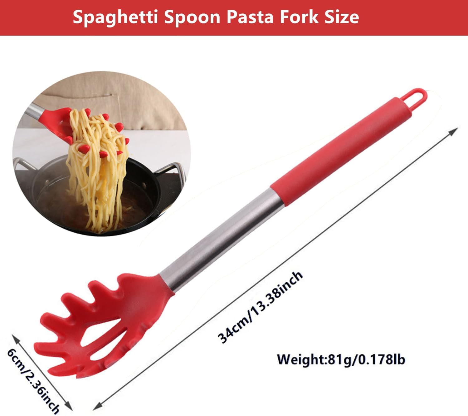 Tenedor de silicona para pasta, cuchara de espagueti, para cocina, resistente al calor, cuchara de pasta de grado alimenticio con mango de acero
