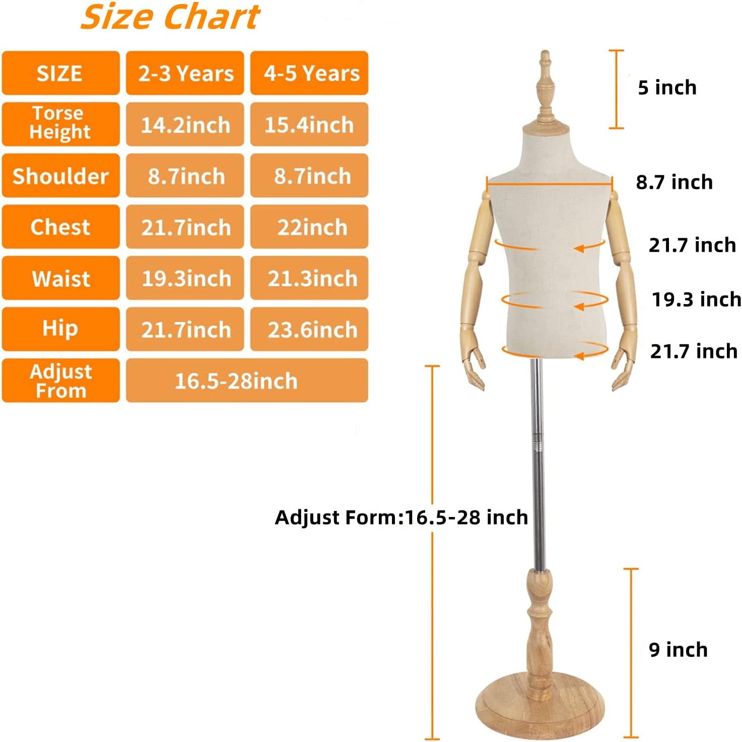 Forma de vestido con brazos de madera, maniquí de torso y cuerpo y busto, maniki para ropa, bufanda, escaparate, tienda, 2-3 años