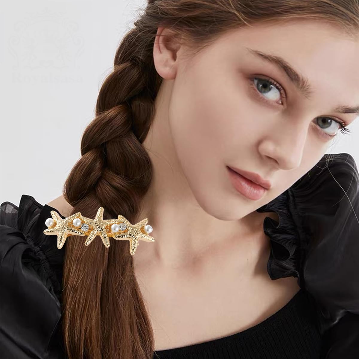 4 pasadores de pelo de estrella de mar para mujeres y niñas, pinzas para el cabello con perlas de resorte, accesorios para mujer, soportes de cola