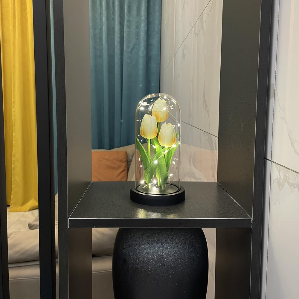 Lámpara LED de tulipán, luz nocturna de flores artificiales, hecha a mano, tulipanes iluminados en cúpula de cristal, lámpara de mesa, decoración de