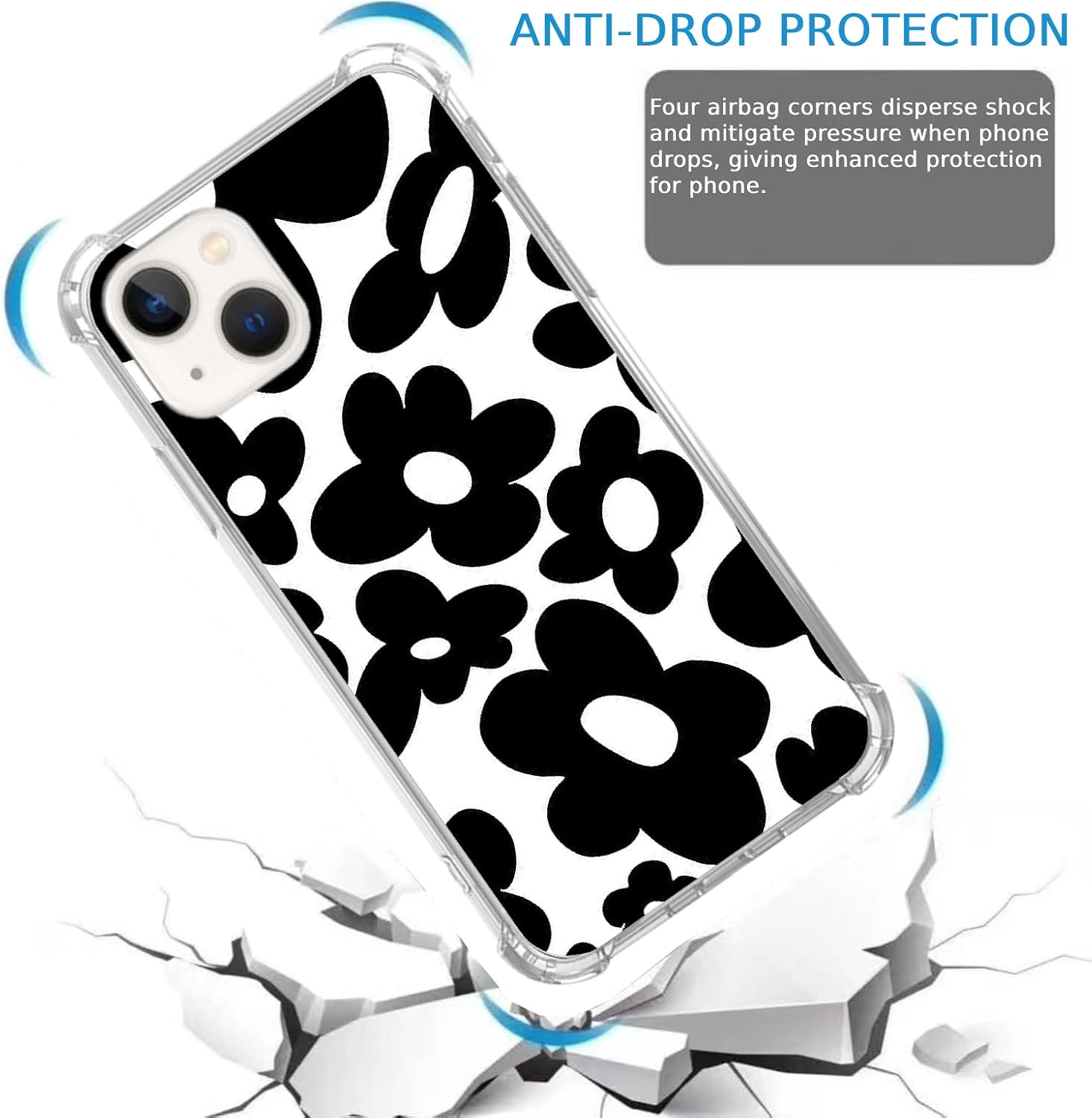 Funda negra con diseño de flores retro de los años 70, compatible con iPhone 13, diseño vintage con diseño floral negro para iPhone 13, diseño de