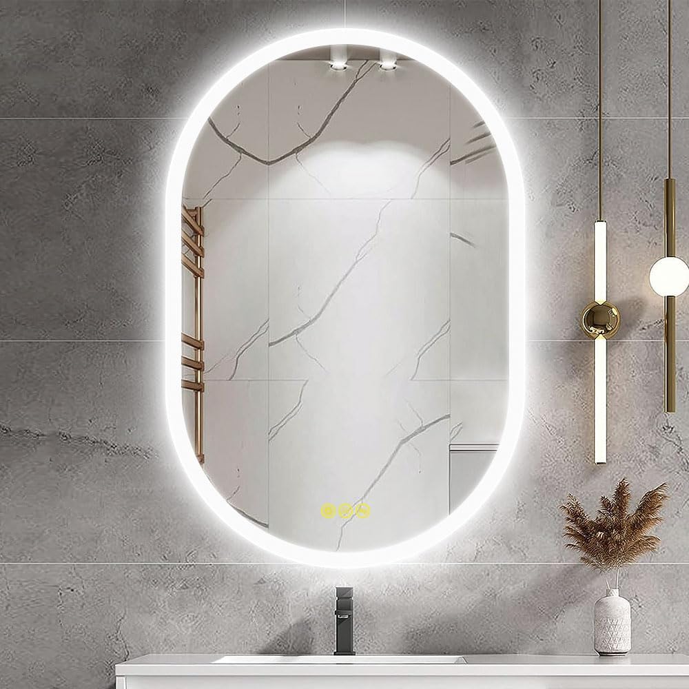 Espejo LED ovalado de baño de 24 x 36 pulgadas, espejo retroiluminado LED, tocador de baño con luces, 3 colores sin escalones, regulable,