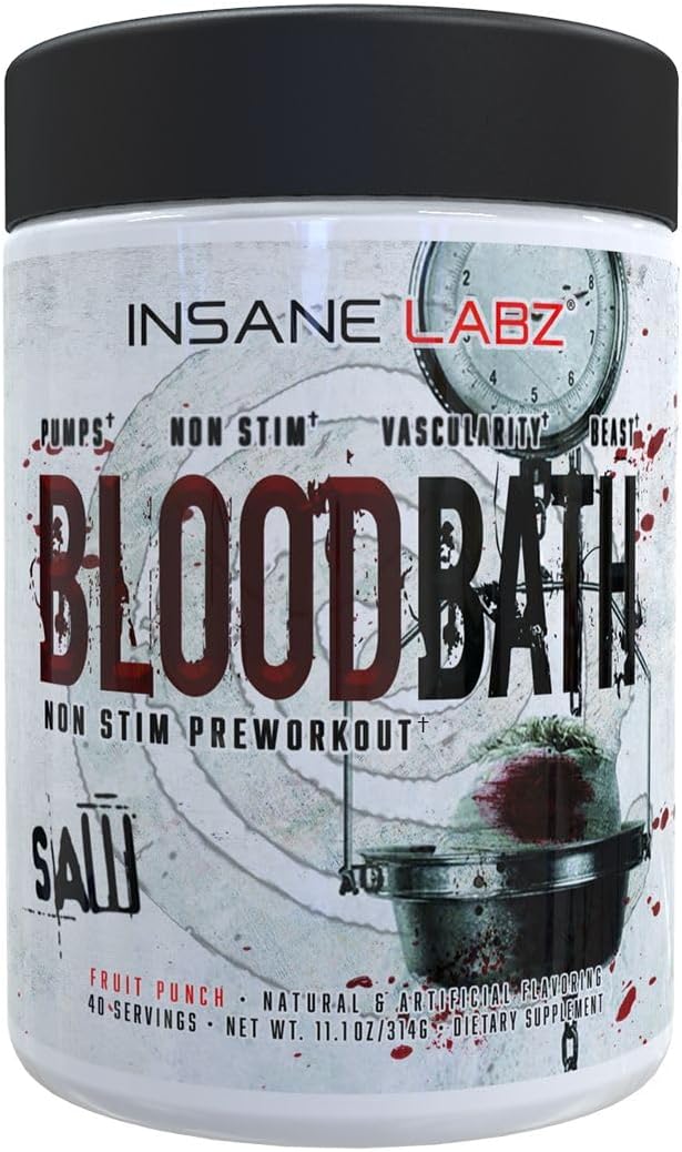 Insane Labz Saw Bloodbath, Non-Stim Pump – Polvo de preentrenamiento con Nitrosigine, OxyGold, sulfato de agmatina, L-citrulina y betainne anhidra,