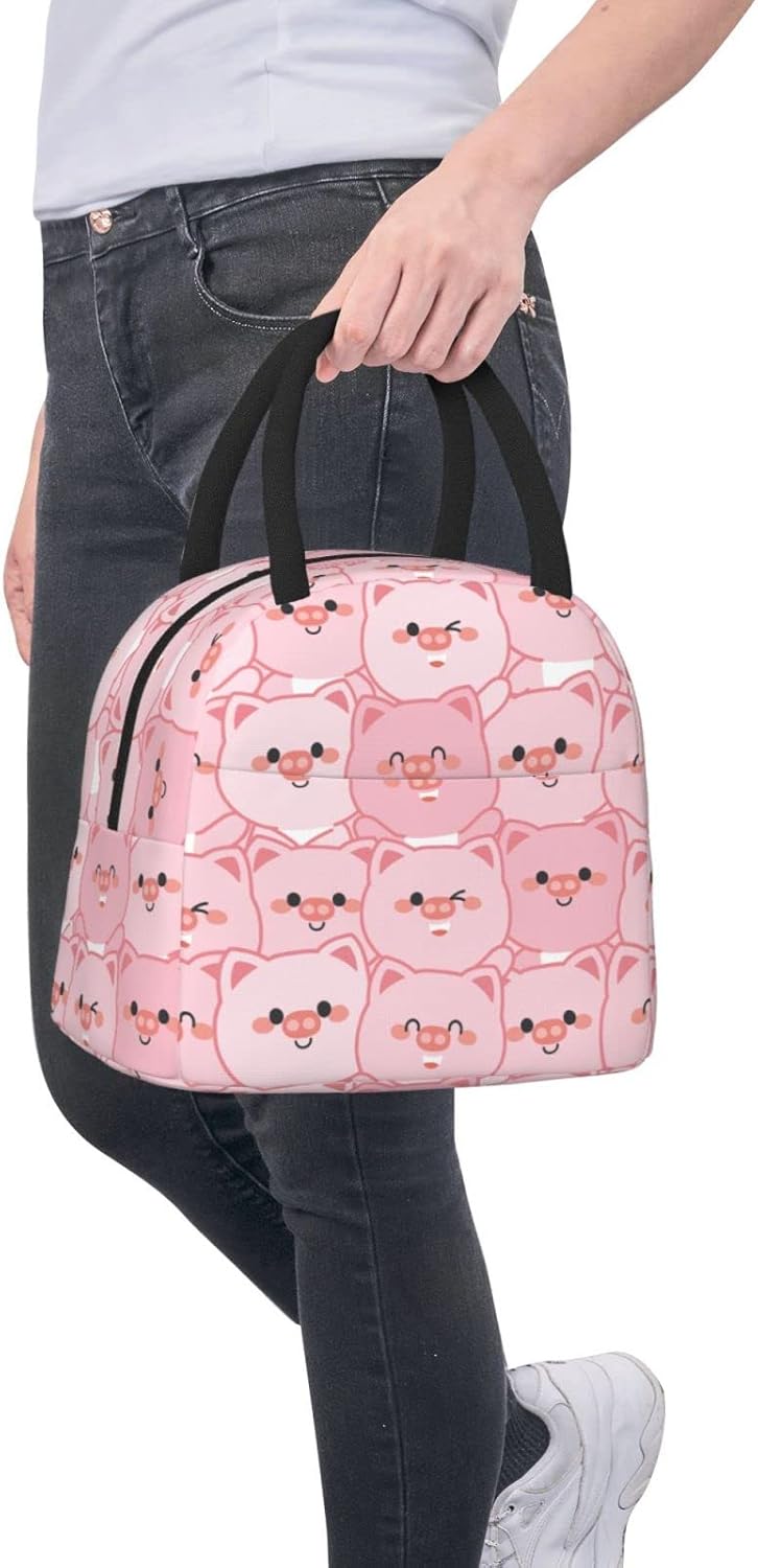 Linda bolsa de almuerzo de cerdo rosa con dibujos animados, caja de comida preparada con aislamiento, contenedor de almuerzo reutilizable