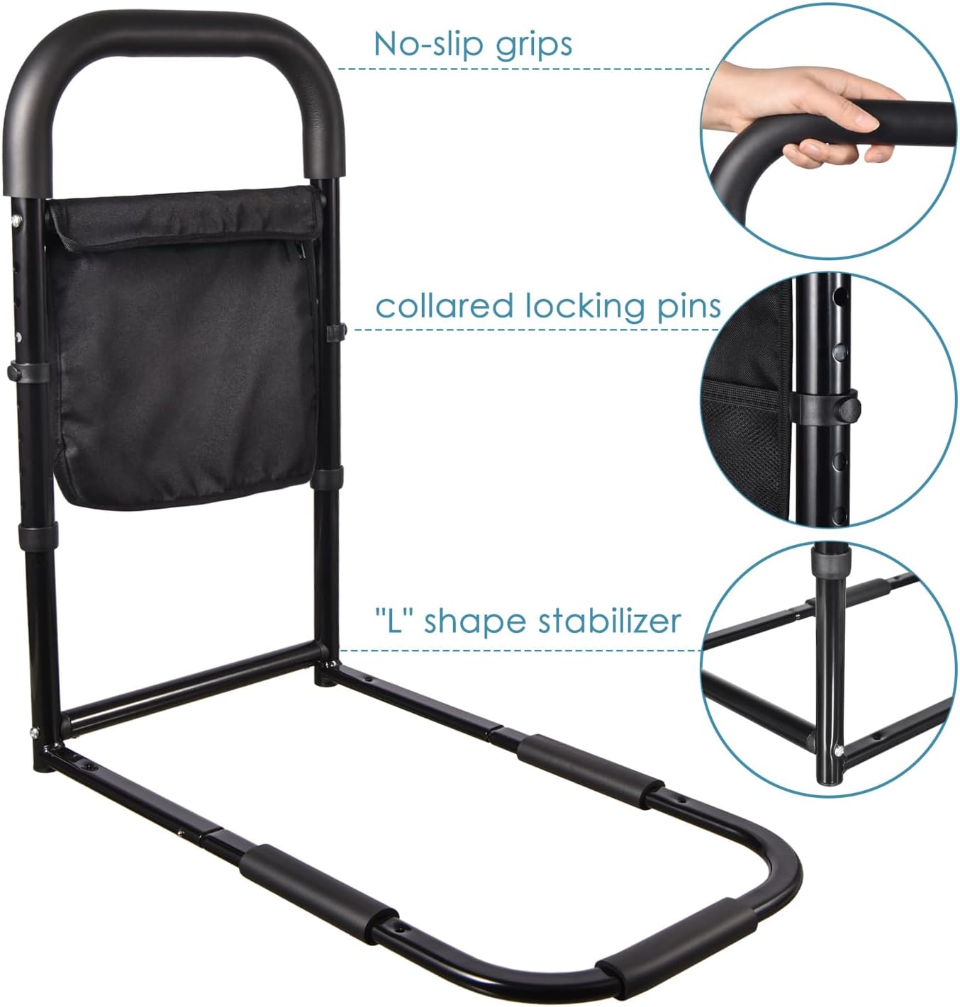 Rieles de cama para adultos mayores ayudan a la seguridad para personas mayores, agarre de barra de mano con bolsillo de almacenamiento,