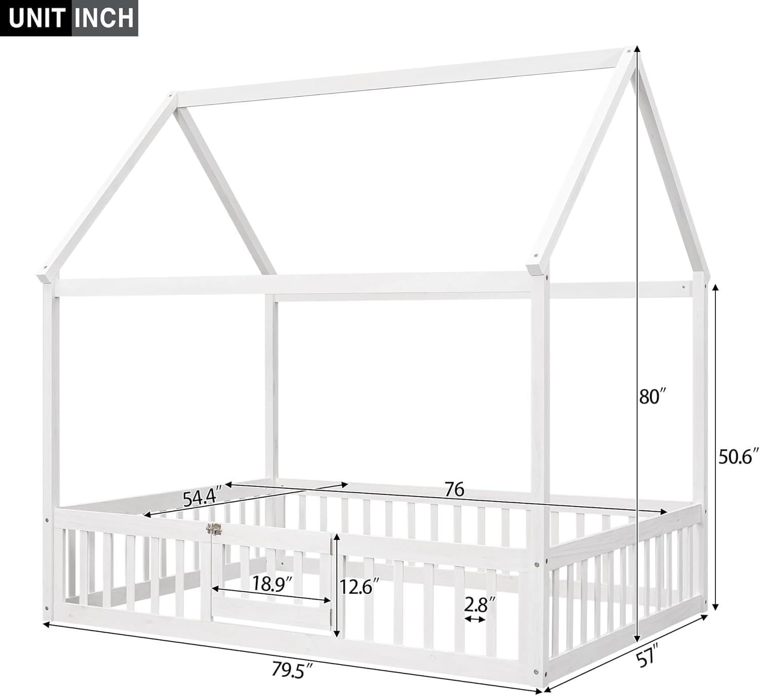 KLMM Cama de madera de tamaño matrimonial con valla y puerta, marco de cama de madera para niños o niñas, se puede decorar (valla blanca + puerta)