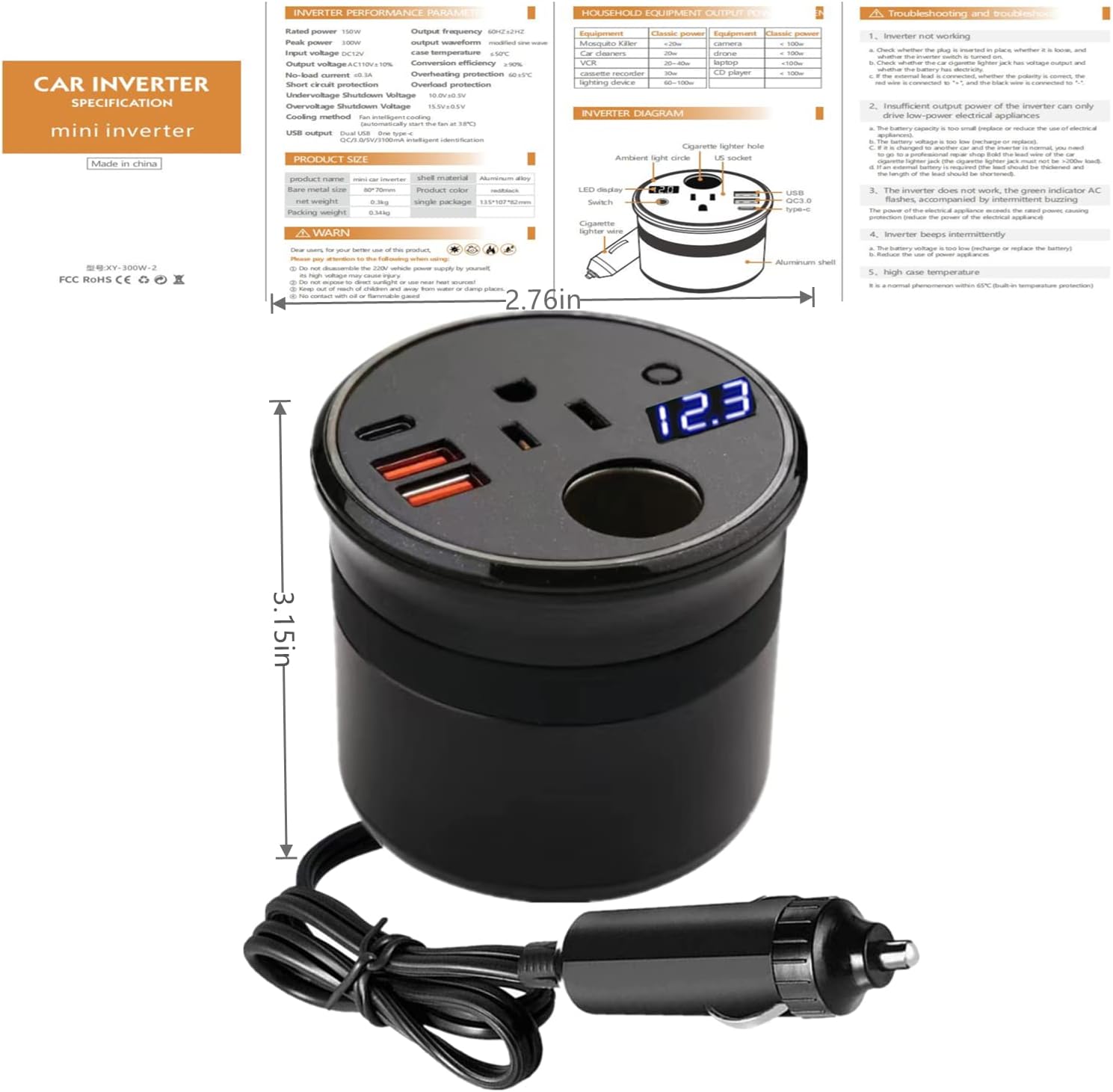 XU Yuan – Inversor de corriente de 150 WPP300 W para vehículos (negro) Diseño de portavasos DC12V a 110V CA  Mini inversor de automóvil con doble