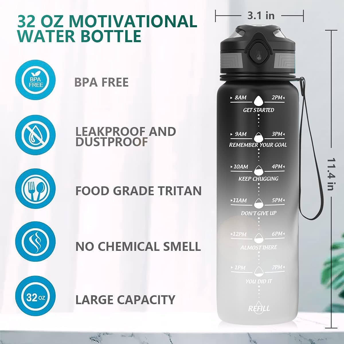 Botellas de agua de 32 onzas con marcador de tiempo y popote, botella de agua motivacional con tiempo para beber, a prueba de fugas, Tritan sin BPA,