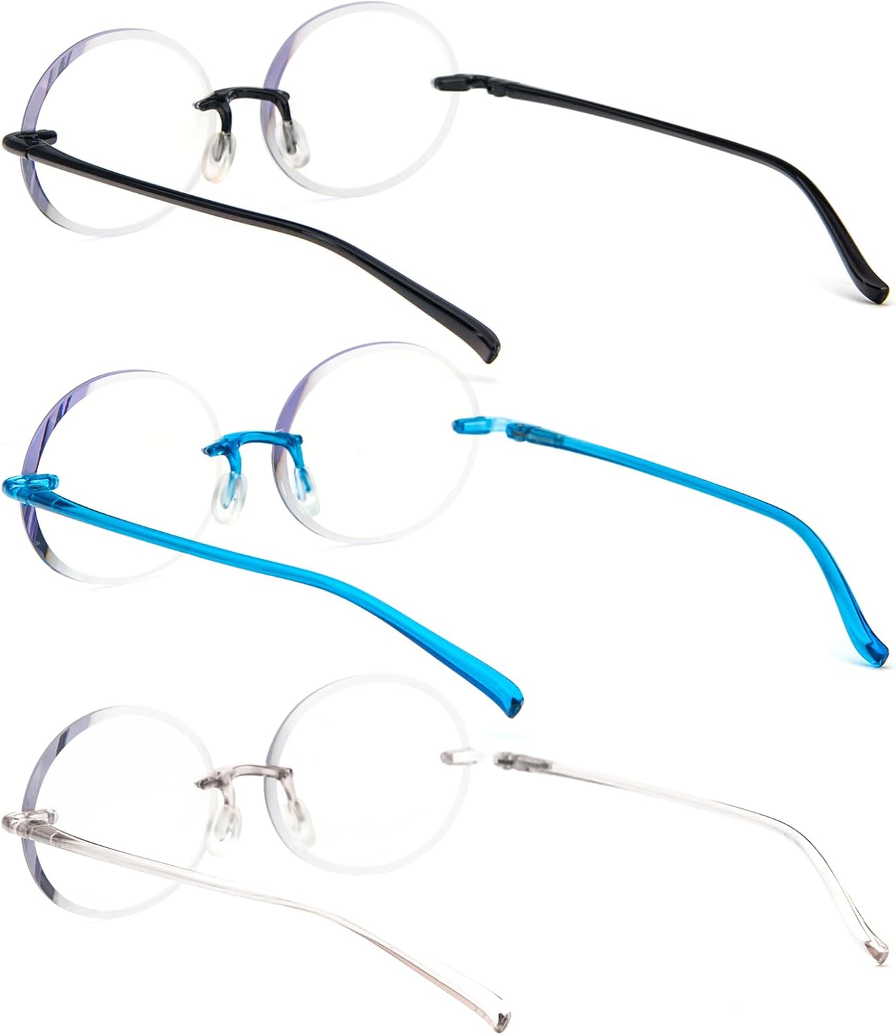 KoKoBin 3 Pack Rimless Round Reading Glasses,Blue Light Blocking for Men and Women