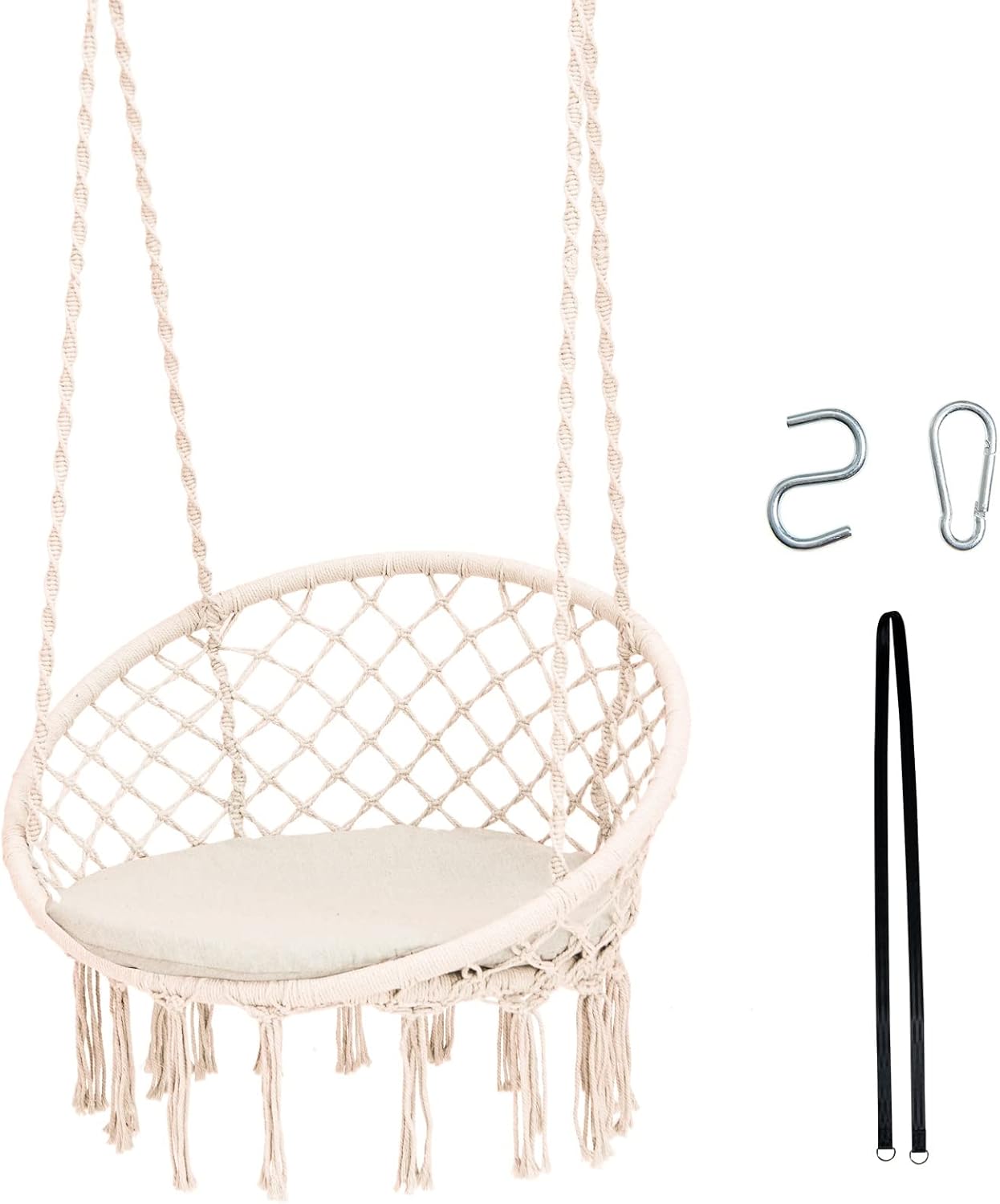 Tangkula Silla hamaca con cojín, estilo bohemio de macramé con kit de accesorios para colgar y correa, columpio de cuerda colgante para interiores y
