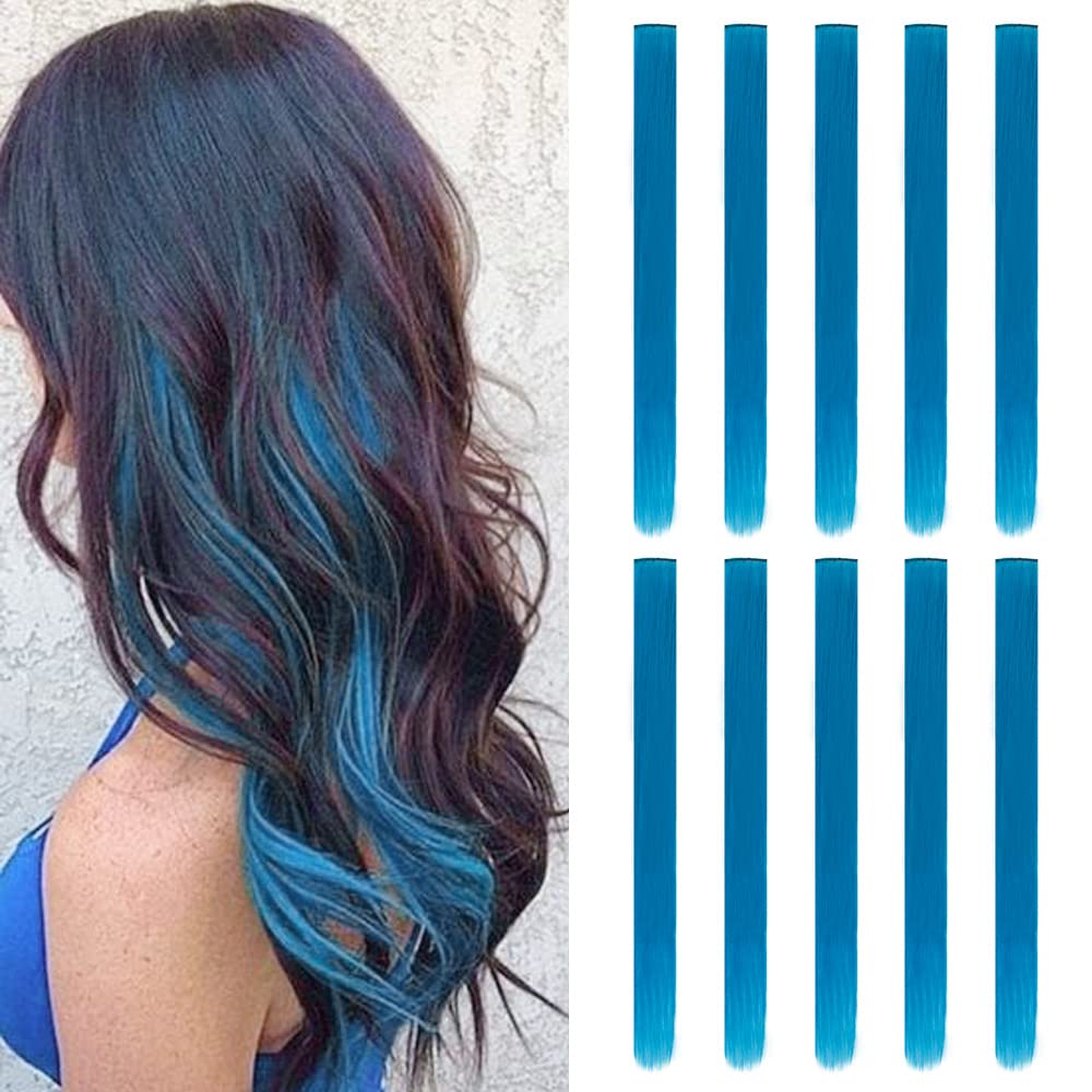 Extensiones de cabello sintético con clip de color de 20 pulgadas, 10 piezas de cabello lacio para fiesta, color azul marino