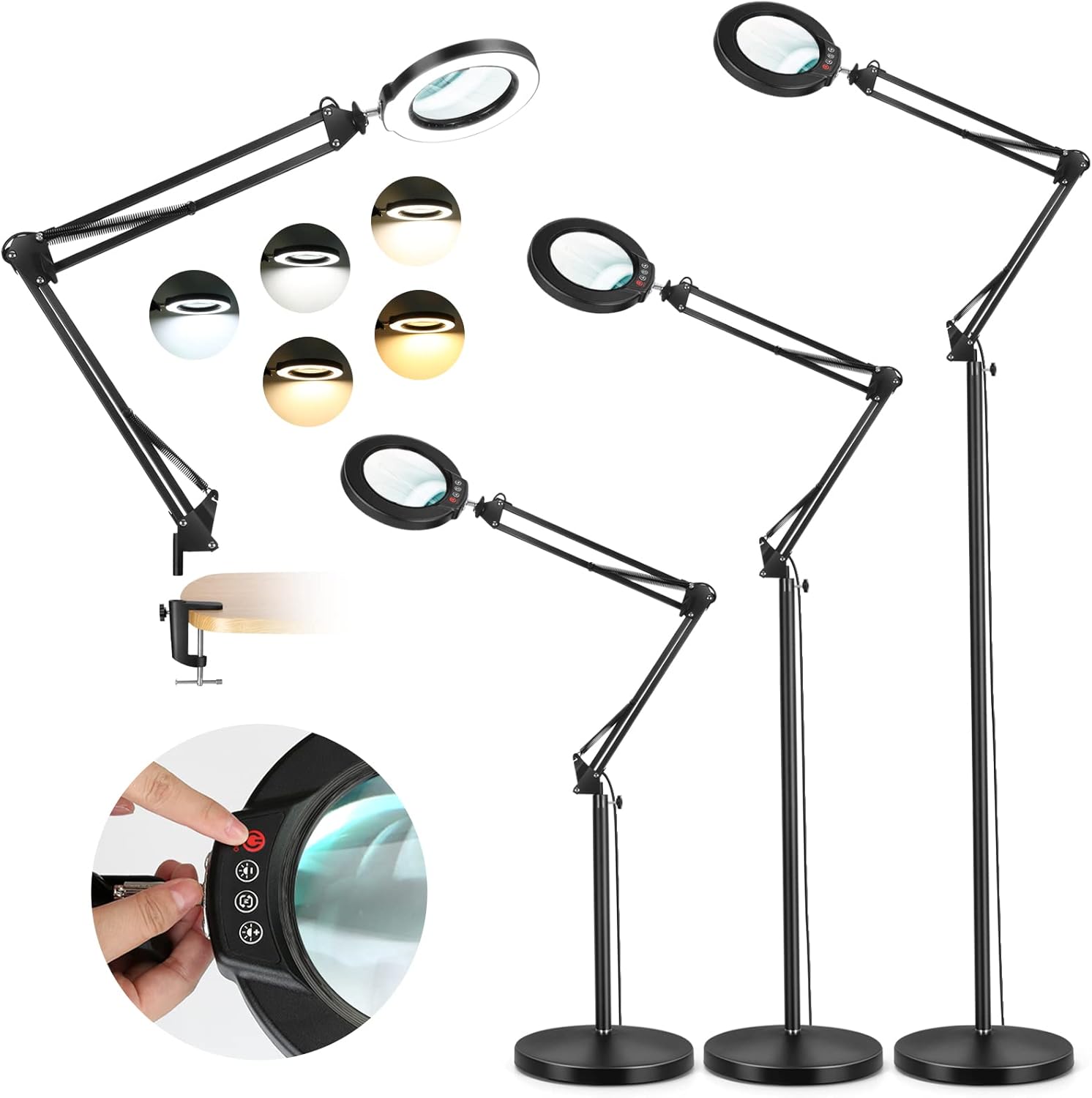 Krstlv – Lupa 8X con luz y soporte, LED 4 en 1, 5 modos de color, lámpara de pie regulable sin escalones, lámpara de pie con brazo oscilante