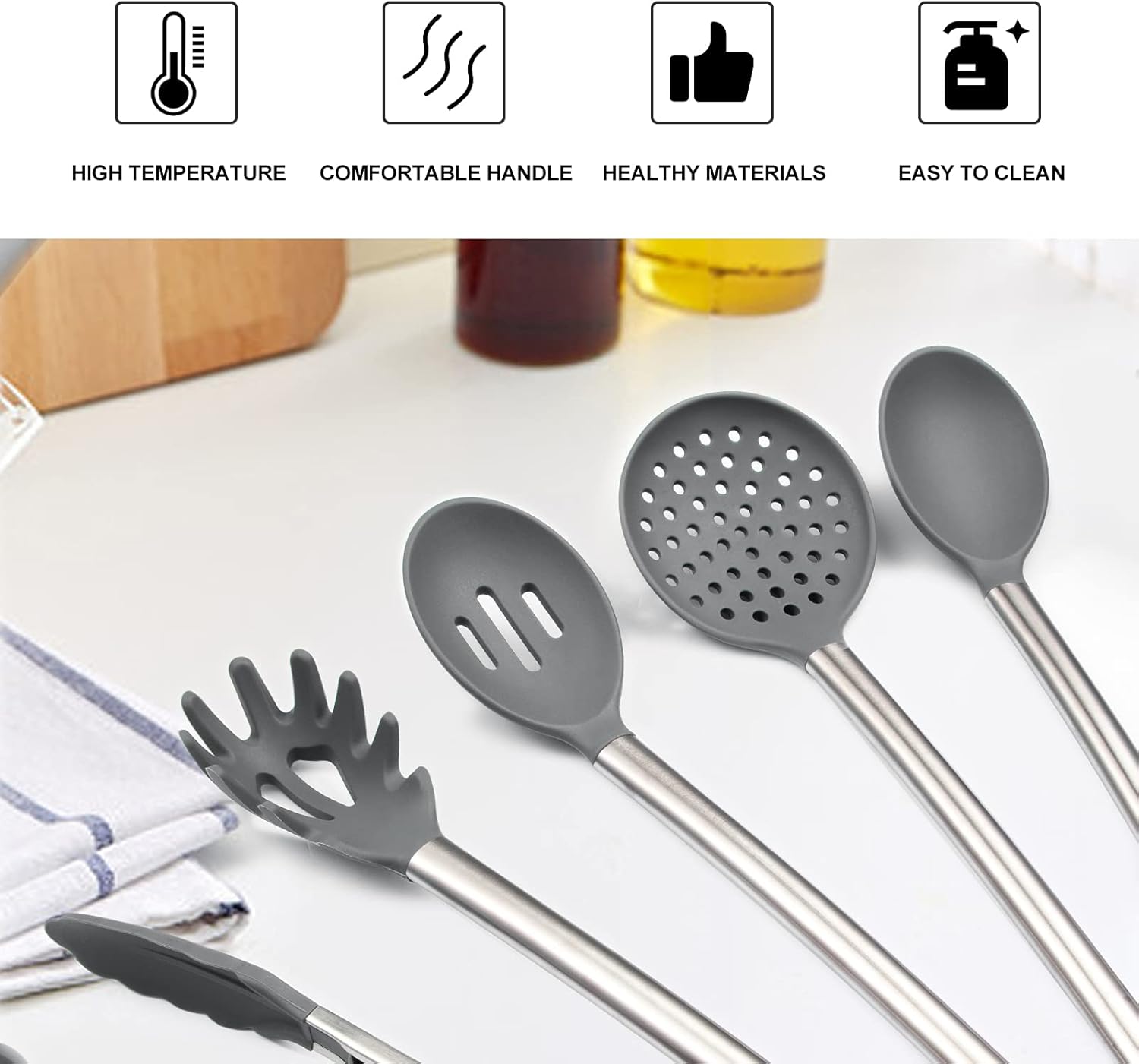 Juego de utensilios de cocina, 13 piezas de silicona para cocinar, resistentes al calor, antiadherentes, asas de acero inoxidable, herramientas de