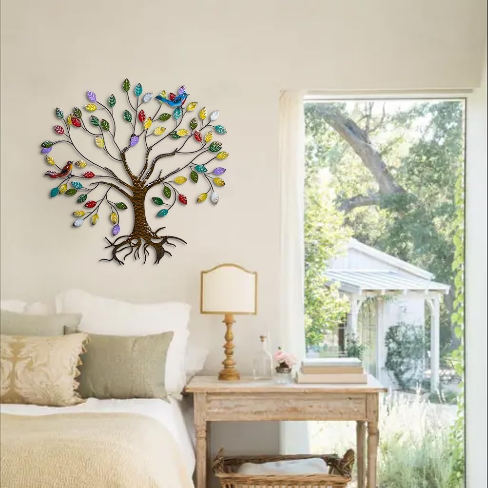VEWOSTAR Arte de pared de metal para sala de estar, decoración del hogar, hojas coloridas, escultura de pared, árbol de la vida, hecho a mano,