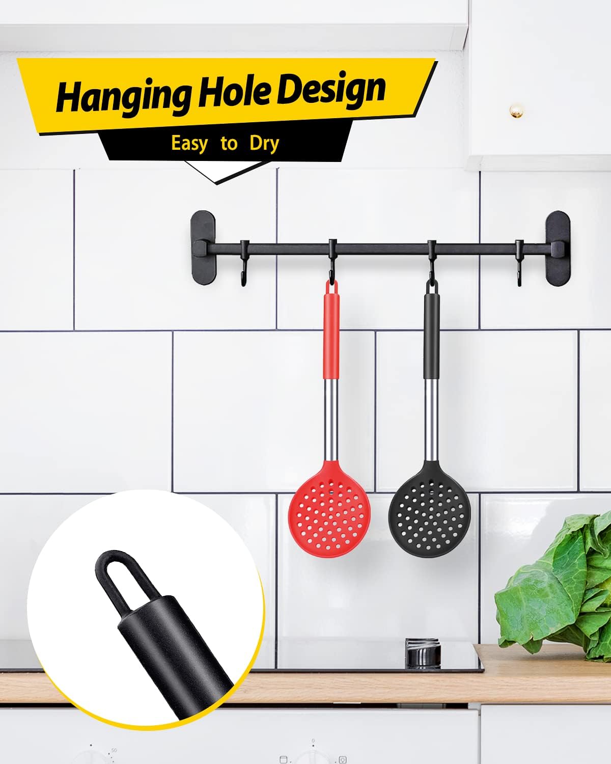 Kitchen Ladle Strainer Set of 2 Large Slotted Spoon with High Heat Resistant BPA Free Non Stick Cooking Skimmers For Draining & Frying (Black and
