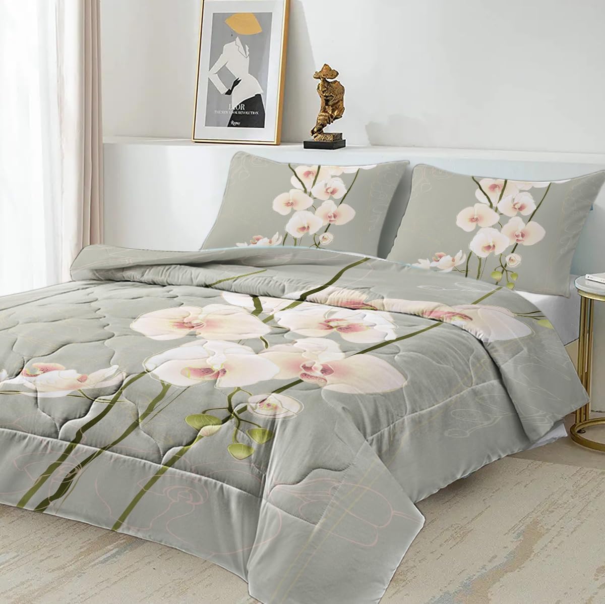 DECOVOGUE Edredón floral de orquídea para niñas y mujeres, edredón con diseño de flores con 2 fundas de almohada, tamaño Queen, 3 piezas con patrón