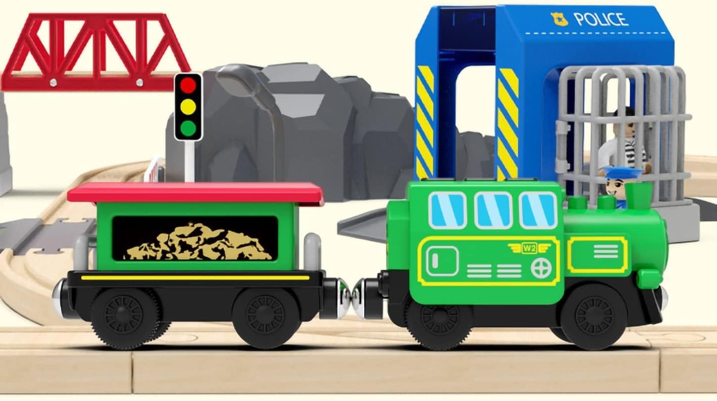 Tren motorizado para pista de madera, tren de locomotora a batería, tren de control remoto para juego de orugas, potentes vehículos de tren de motor