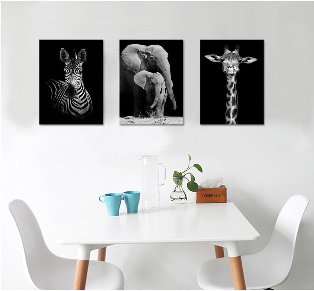 Visual Art Decor Lienzo de vida silvestre africana en blanco y negro, arte de pared con diseño de animal cebra, jirafa, elefante, retrato, póster