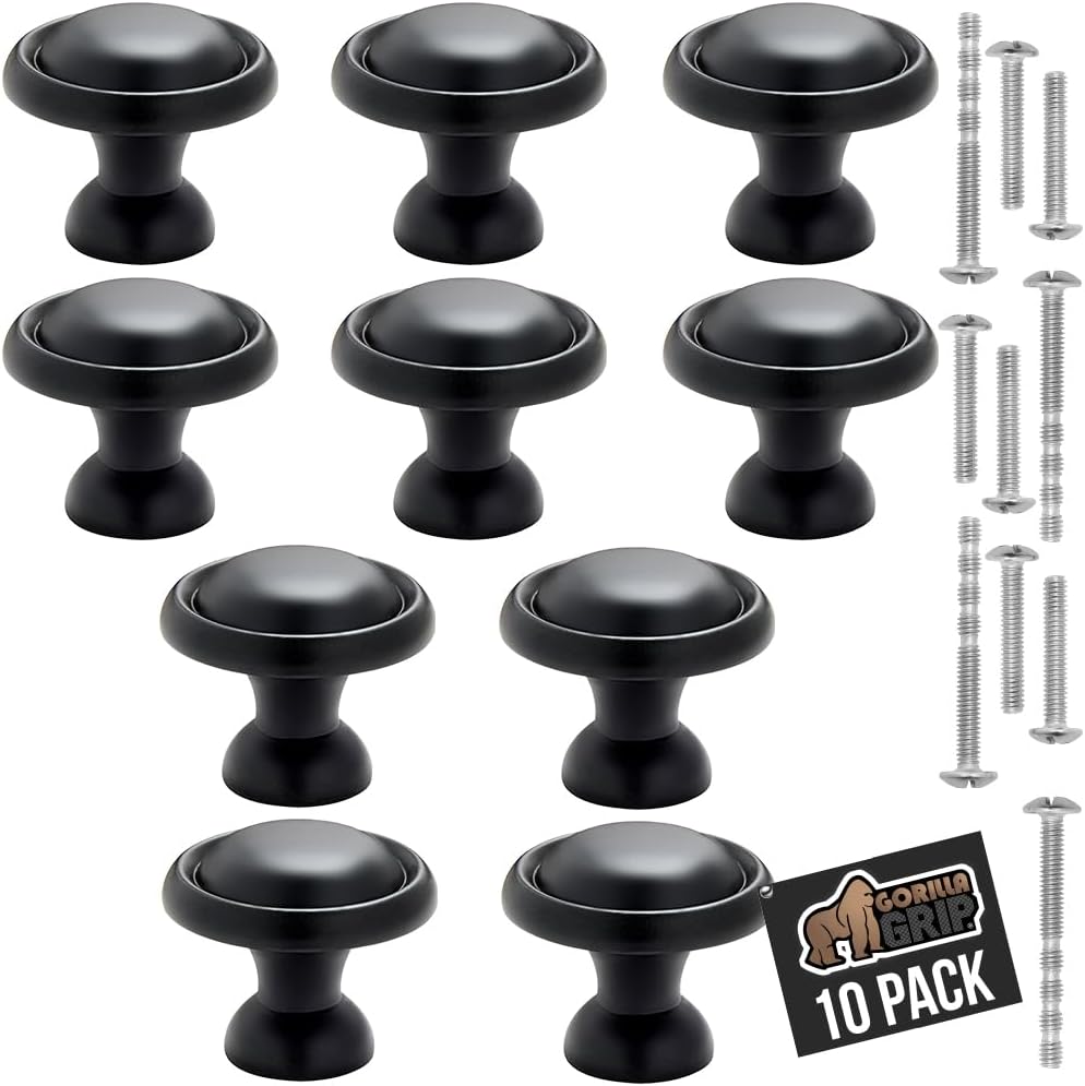 Gorilla Grip Paquete de 10 pomos redondos duraderos de aleación de zinc negro de 1.25 pulgadas, tiradores de cajón resistentes al óxido y a los