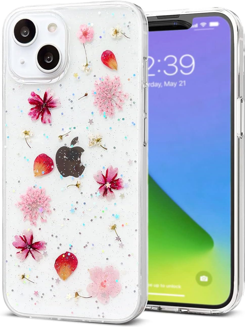 Diseñada para iPhone 13, funda estética brillante transparente con diseño de flores naturales, TPU suave prensado floral real, a prueba de golpes,