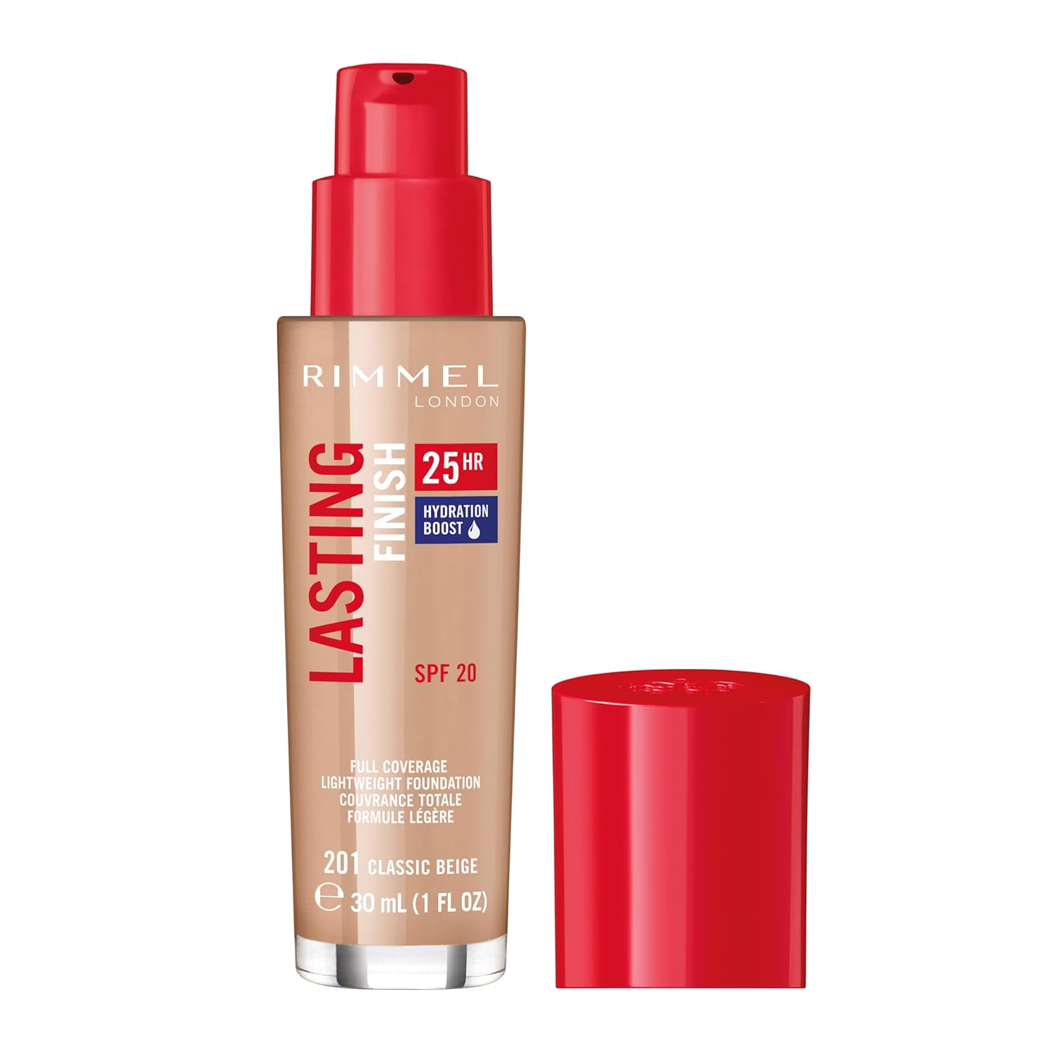 Rimmel London Lasting Finish 25HR  201 Classic Beige  Fundación, 25 horas de uso, cobertura completa, impermeable, 1 onza