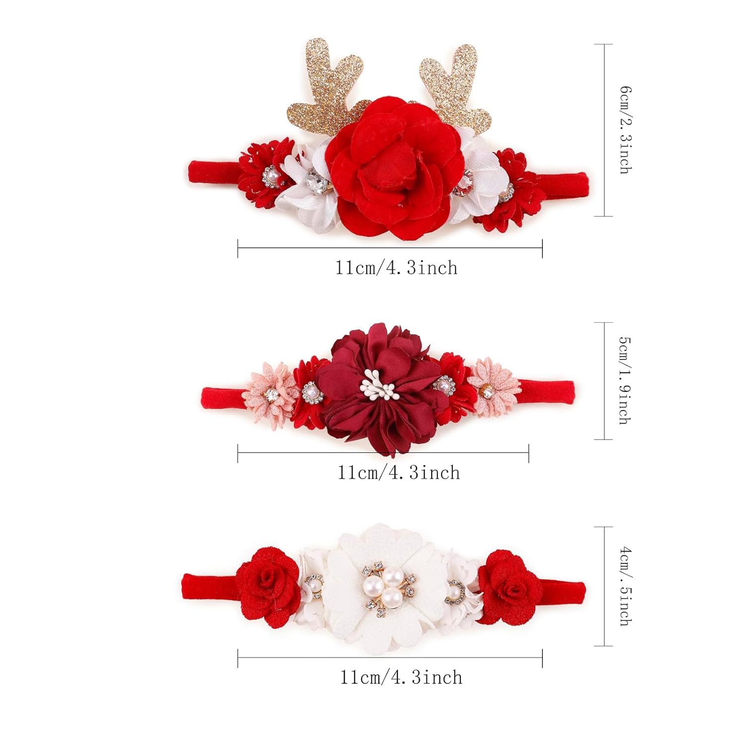 Juego de diademas de Navidad con flores para bebé, diademas elásticas florales, banda de pelo de nailon suave para recién nacidos, accesorios para