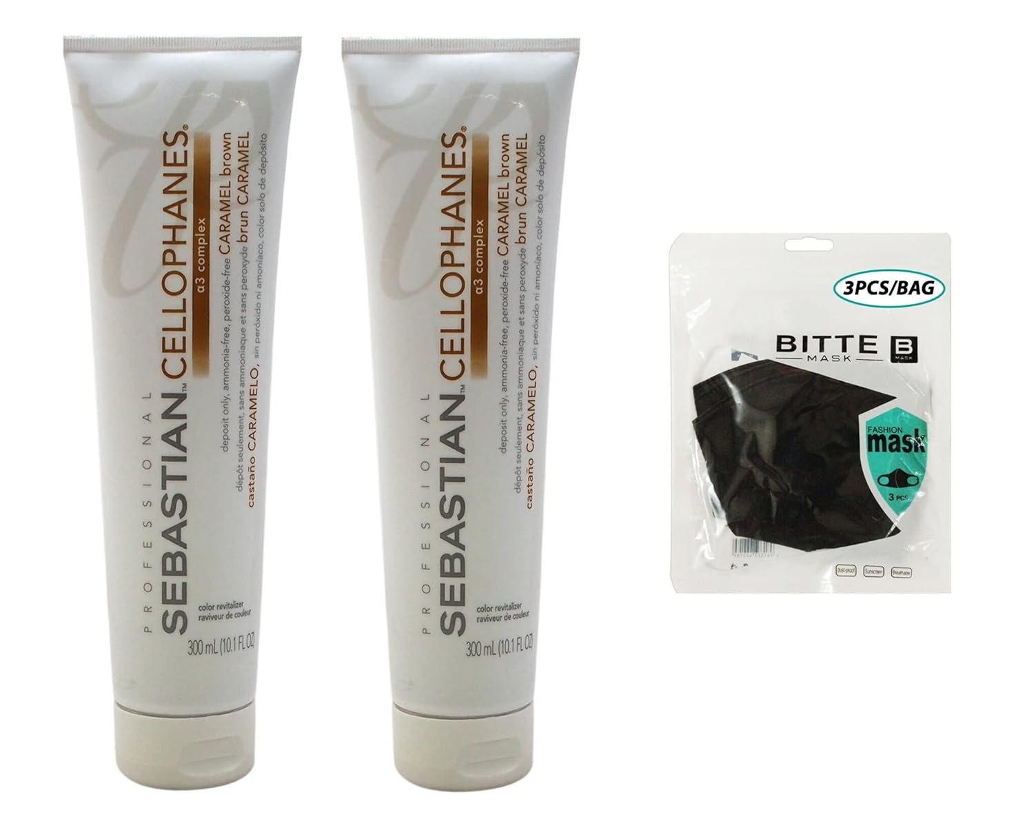 CELLOPHANES Marrón caramelo, revitalizador de color con complejo A3 (marrón caramelo, 10.1 onzas  10.1 fl oz) (paquete de 2) con máscara de moda