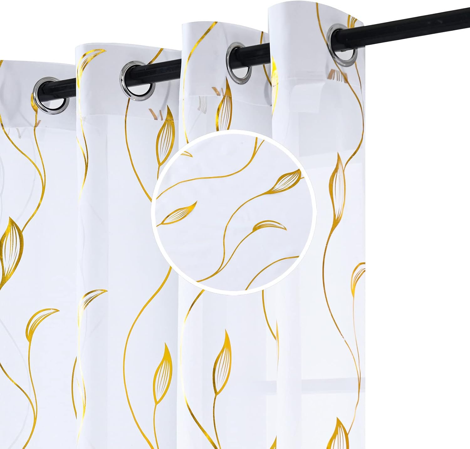 youleyar Cortinas transparentes de gasa con estampado de lámina dorada, cortinas de mimbre con ojales en la parte superior, paneles de tratamiento