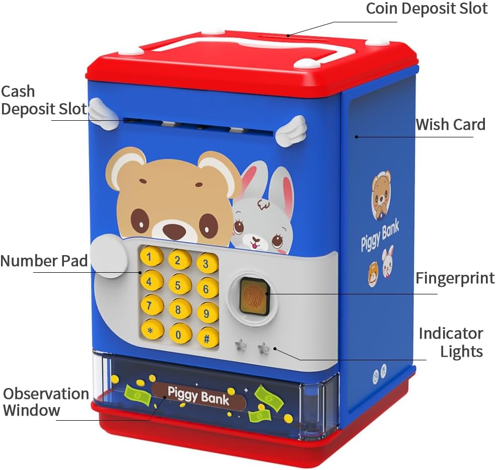 AIQI Hucha de juguete electrónico mini cajero automático con contraseña personal y simulación de desbloqueo de huellas dactilares, caja de música