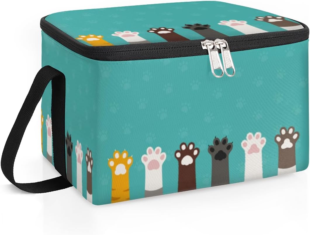 Lonchera con estampado de patas de gato, aislada, reutilizable, grande, con hombro ajustable y cremallera, bolsa de lona para oficina, trabajo,
