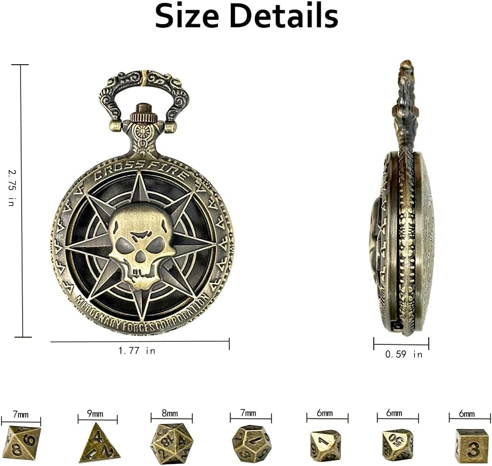 Juego de dados pequeños con estuche de metal para reloj de bolsillo, bolsa de dados para collar, juego de dados DND de metal pequeño antiguo