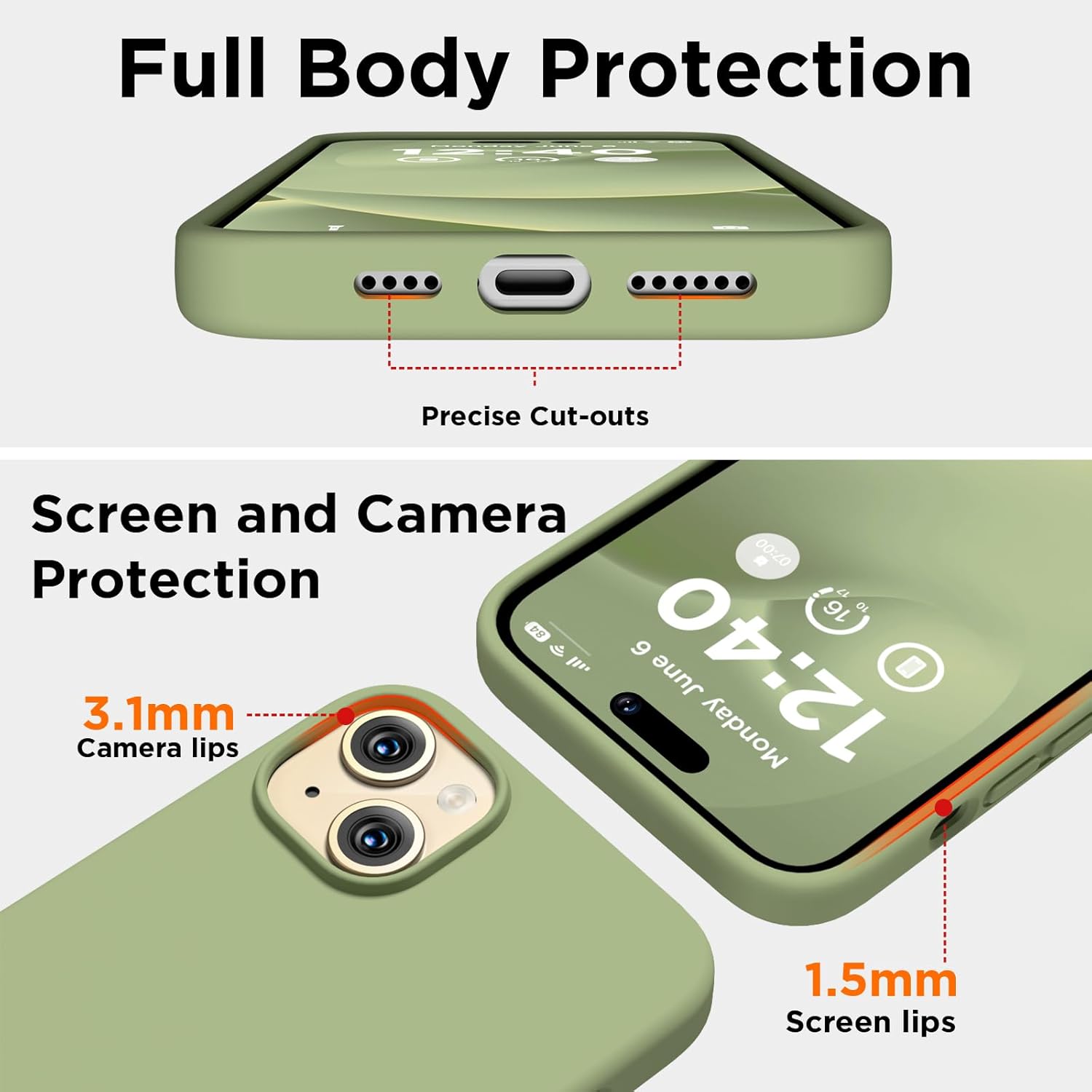 COFFKER Compatible con iPhone 15, funda de silicona líquida, funda protectora de cuerpo completo a prueba de golpes forro de microfibra suave