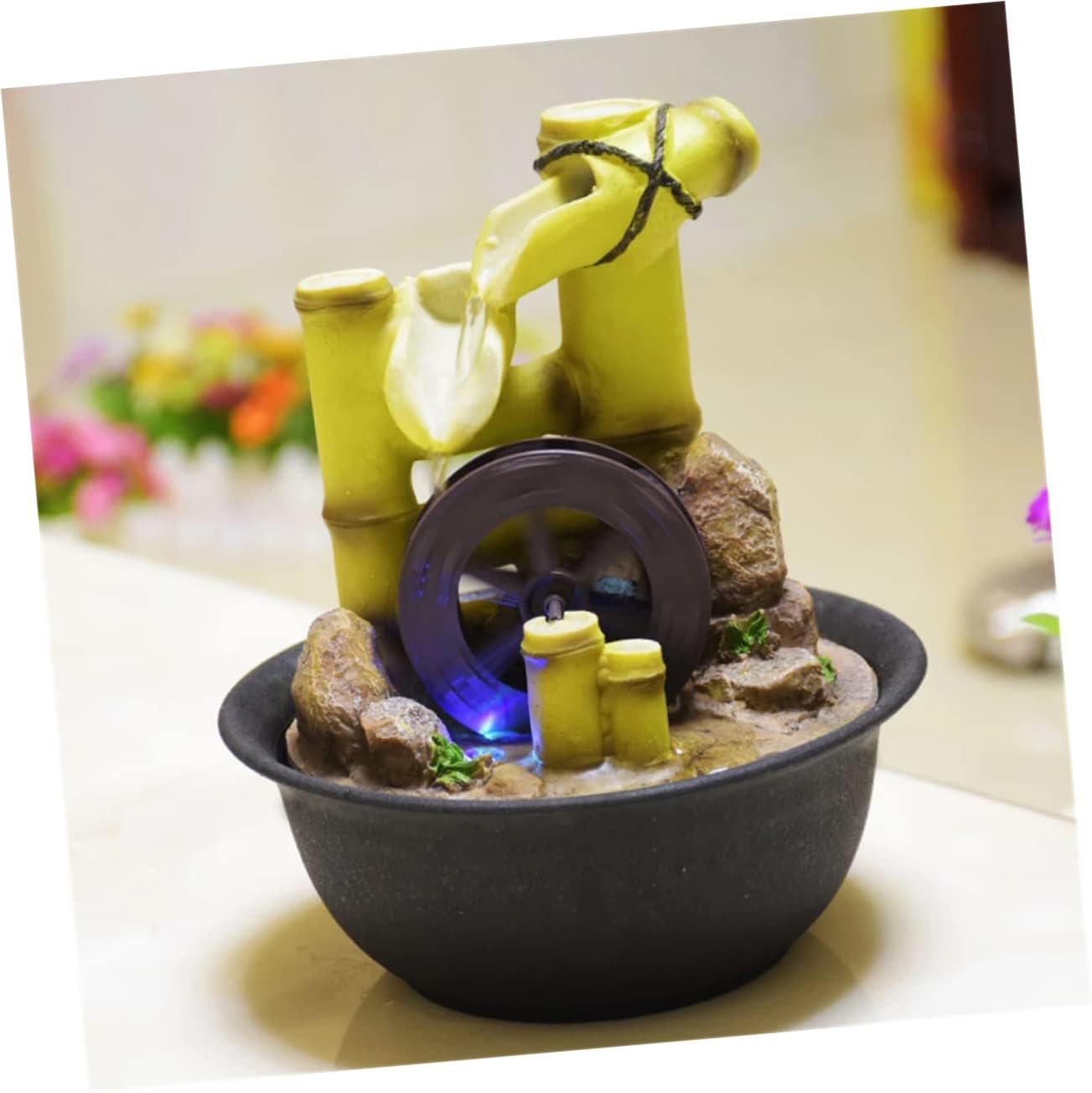 Homoyoyo 2 adornos en miniatura para decoración brillante, fuente de jardín zen, mini rueda de agua, accesorios de fuente de agua, modelo de rueda