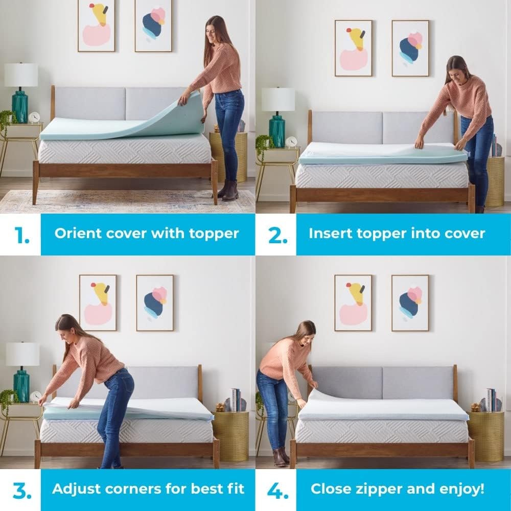 Linenspa Cubrecolchón de espuma viscoelástica de 4pulgadas, mantiene la cubierta limpia y segura, lavable a máquina, antideslizante, transpirable