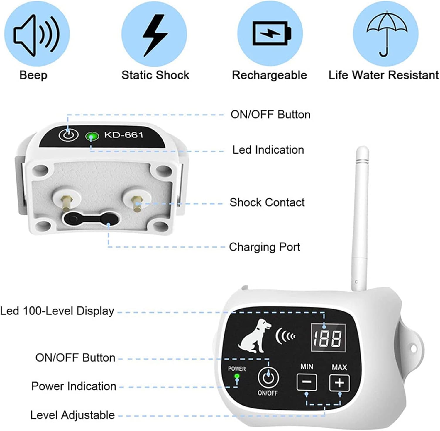 Valla inalámbrica para perros, sistema eléctrico de contención de límites para perros, rango ajustable de hasta 1640 pies, collar de entrenamiento