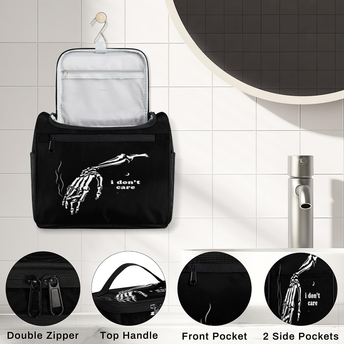 Day Of The Dead Skull Pattern Toiletry Bag for Women Travel Makeup Organizer with Hanging Hook Traveling Cosmetic Bags for Toiletries Accessories